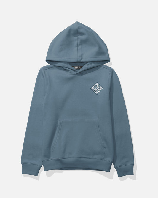 Salty Crew Tippet Fill Boys Fleece in Slate features a blue hooded design with a screenprinted kangaroo pocket and a small white diamond-shaped graphic on the left chest. This mid-weight cotton-polyester hoodie is displayed on a plain white background.