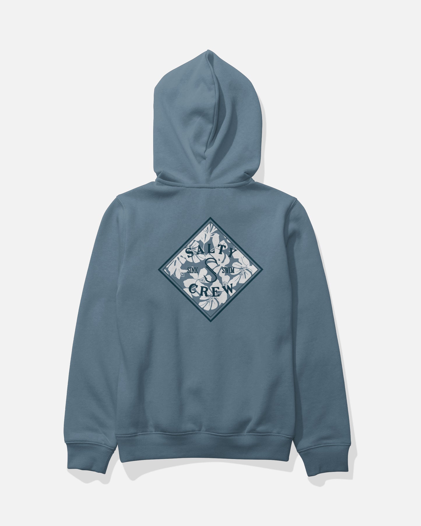 The Salty Crew Tippet Fill Boys Fleece - Slate features a diamond-shaped graphic with leaves and a bird on the back, along with the words “Save the Crew” in stylized text inside the diamond. This mid-weight hoodie is made from a soft cotton-polyester blend and includes a screenprinted kangaroo pocket for added style and comfort.