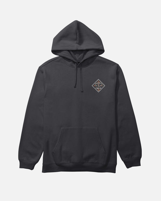 Salty Crew’s Tippet Fill Fleece - Black features a classic hooded design with adjustable drawstrings and a kangaroo pocket. Made from a soft cotton-polyester blend, this hoodie displays a small diamond-shaped screenprinted graphic with text and design on the left chest. The product is shown against a plain white background.