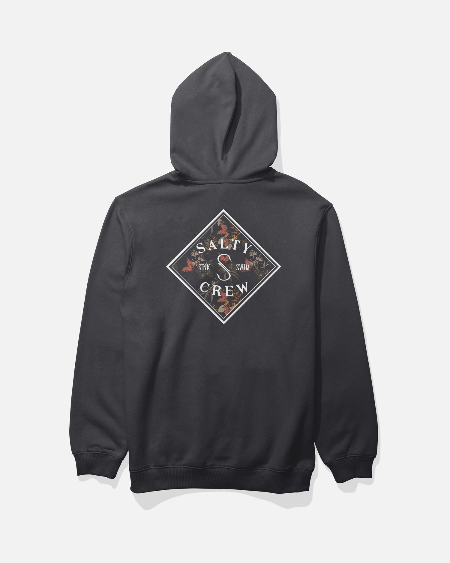The Tippet Fill Fleece - Black from Salty Crew is a cotton-polyester hoodie featuring a large screenprinted diamond-shaped Salty Crew logo on the back, accented by ocean-inspired graphics and S and C lettering at each corner. Finished with a classic kangaroo pocket, it’s ideal for staying comfortable in style.