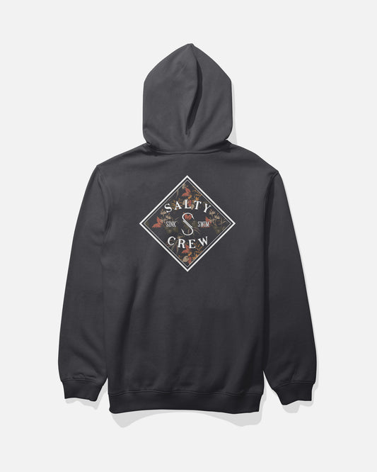 The Tippet Fill Fleece - Black from Salty Crew is a cotton-polyester hoodie featuring a large screenprinted diamond-shaped Salty Crew logo on the back, accented by ocean-inspired graphics and S and C lettering at each corner. Finished with a classic kangaroo pocket, it’s ideal for staying comfortable in style.