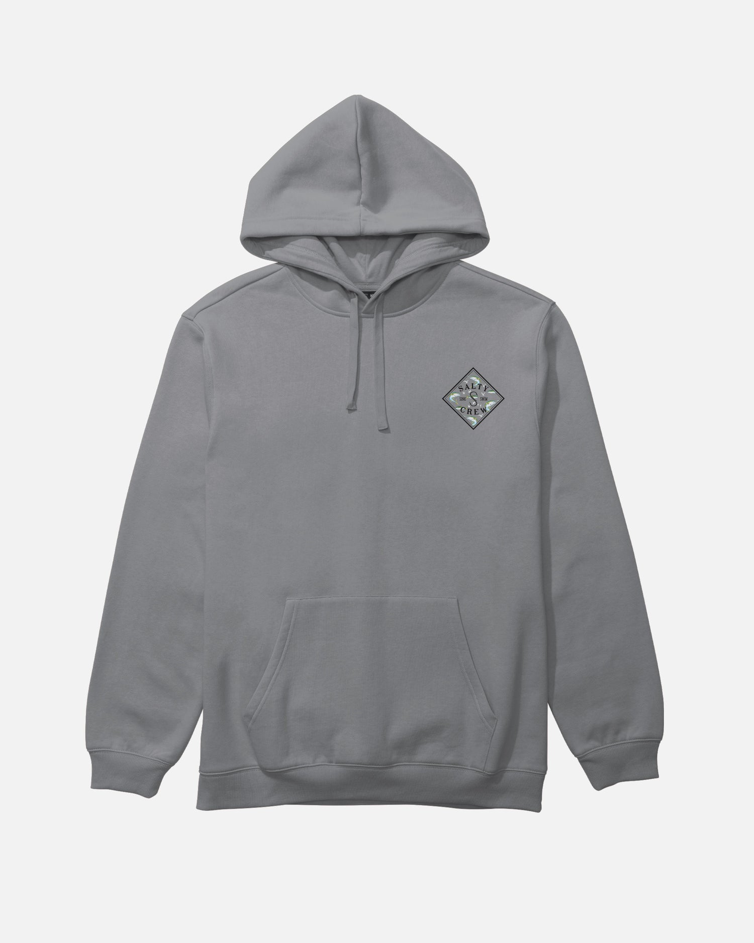 A plain gray Tippet Fill Fleece hoodie by Salty Crew, made from a cotton-polyester blend, with a classic kangaroo pocket and drawstring hood. Features a small diamond-shaped patch with an abstract screenprinted design on the left chest.
