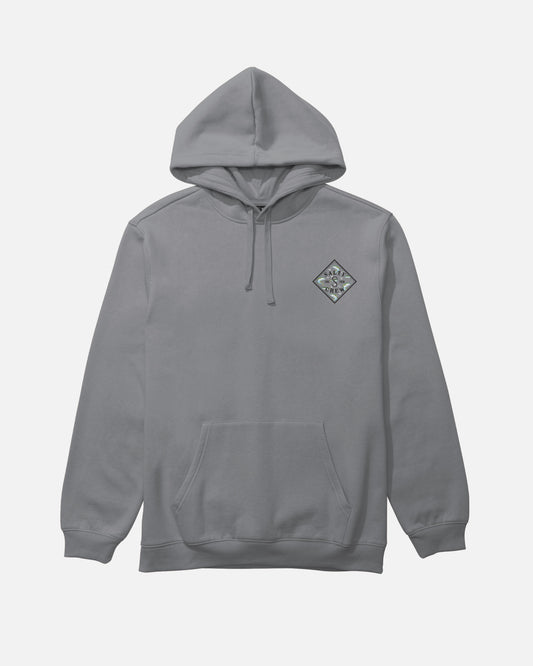 A plain gray Tippet Fill Fleece hoodie by Salty Crew, made from a cotton-polyester blend, with a classic kangaroo pocket and drawstring hood. Features a small diamond-shaped patch with an abstract screenprinted design on the left chest.