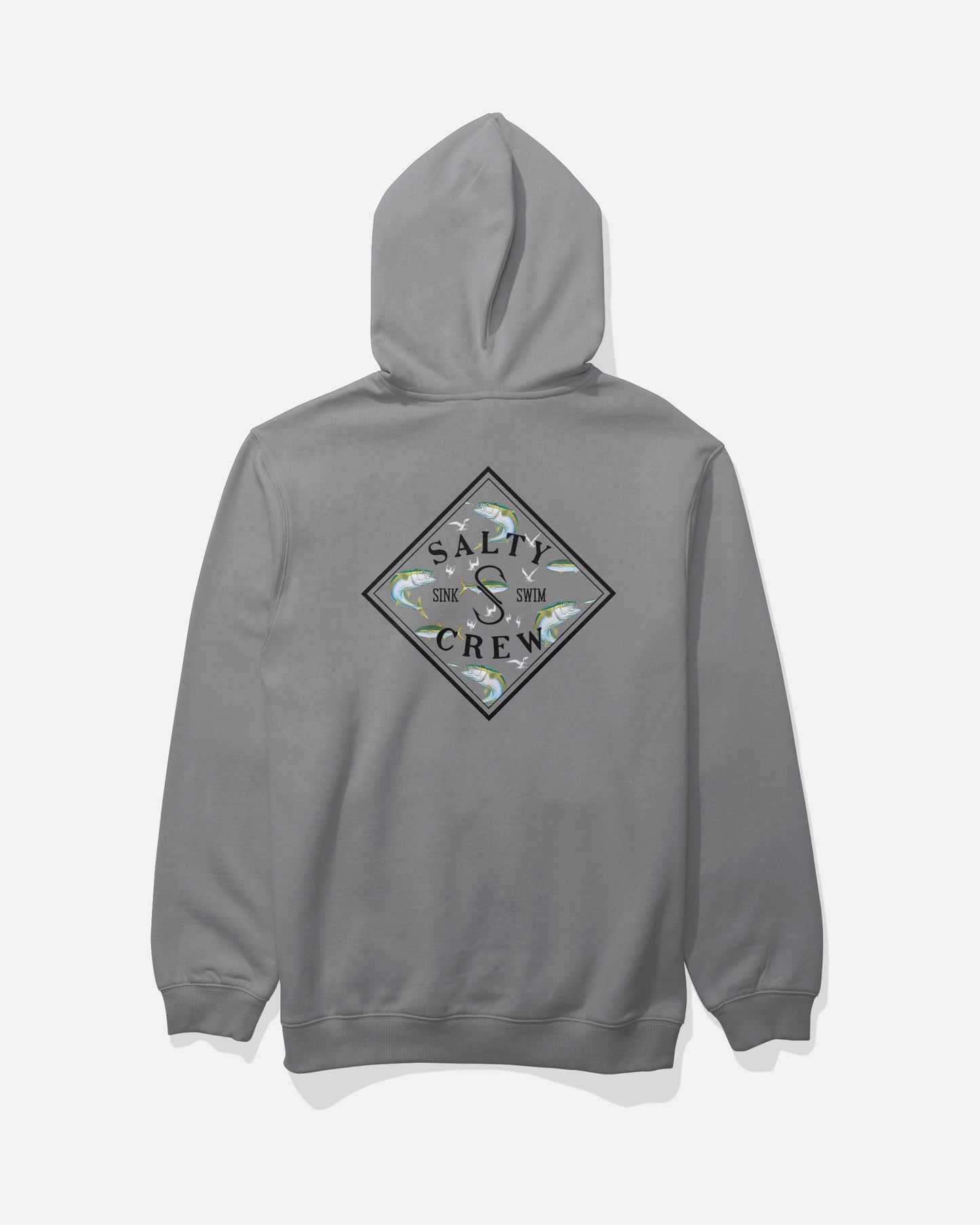 Introducing the Salty Crew Tippet Fill Fleece in Shark Skin—a gray hooded sweatshirt crafted from a soft cotton-polyester blend. Featuring a diamond-shaped, screenprinted Salty Crew Sink or Swim logo with a subtle camouflage fill on the back, this fleece also offers added comfort and functionality with its classic kangaroo pocket.