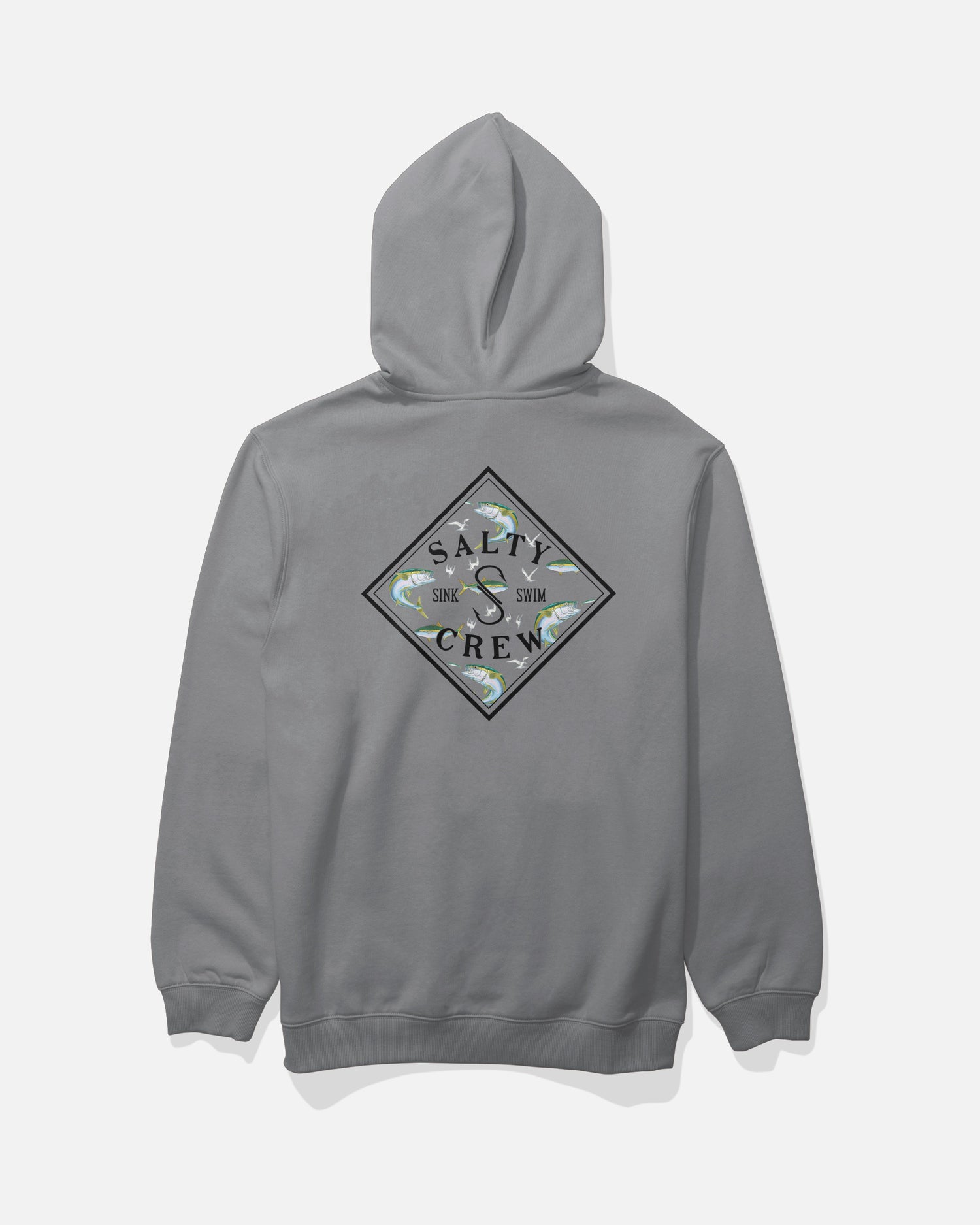 Introducing the Salty Crew Tippet Fill Fleece in Shark Skin—a gray hooded sweatshirt crafted from a soft cotton-polyester blend. Featuring a diamond-shaped, screenprinted Salty Crew Sink or Swim logo with a subtle camouflage fill on the back, this fleece also offers added comfort and functionality with its classic kangaroo pocket.