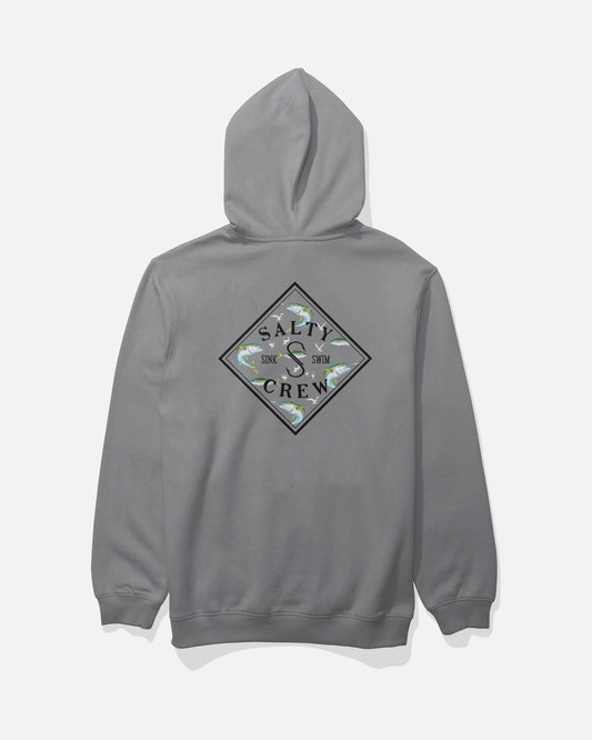 Introducing the Salty Crew Tippet Fill Fleece in Shark Skin—a gray hooded sweatshirt crafted from a soft cotton-polyester blend. Featuring a diamond-shaped, screenprinted Salty Crew Sink or Swim logo with a subtle camouflage fill on the back, this fleece also offers added comfort and functionality with its classic kangaroo pocket.