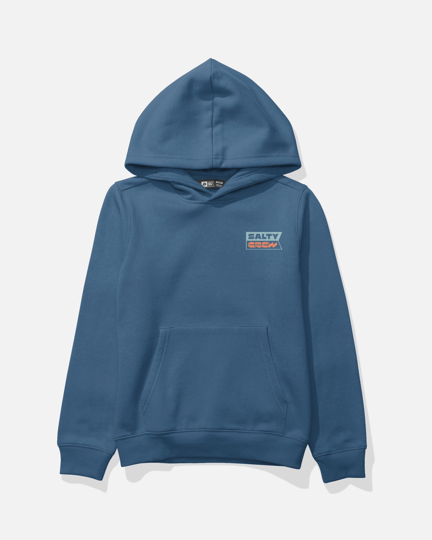 Introducing the Inverse Flag Boys Fleece in Cast Blue from Salty Crew. This mid-weight cotton-polyester hoodie features a front pocket, long sleeves, and a small Salty Crew logo screenprinted on the upper left chest. The soft blue fabric is complemented by minimal detailing and no visible drawstrings, all showcased on a clean white backdrop.