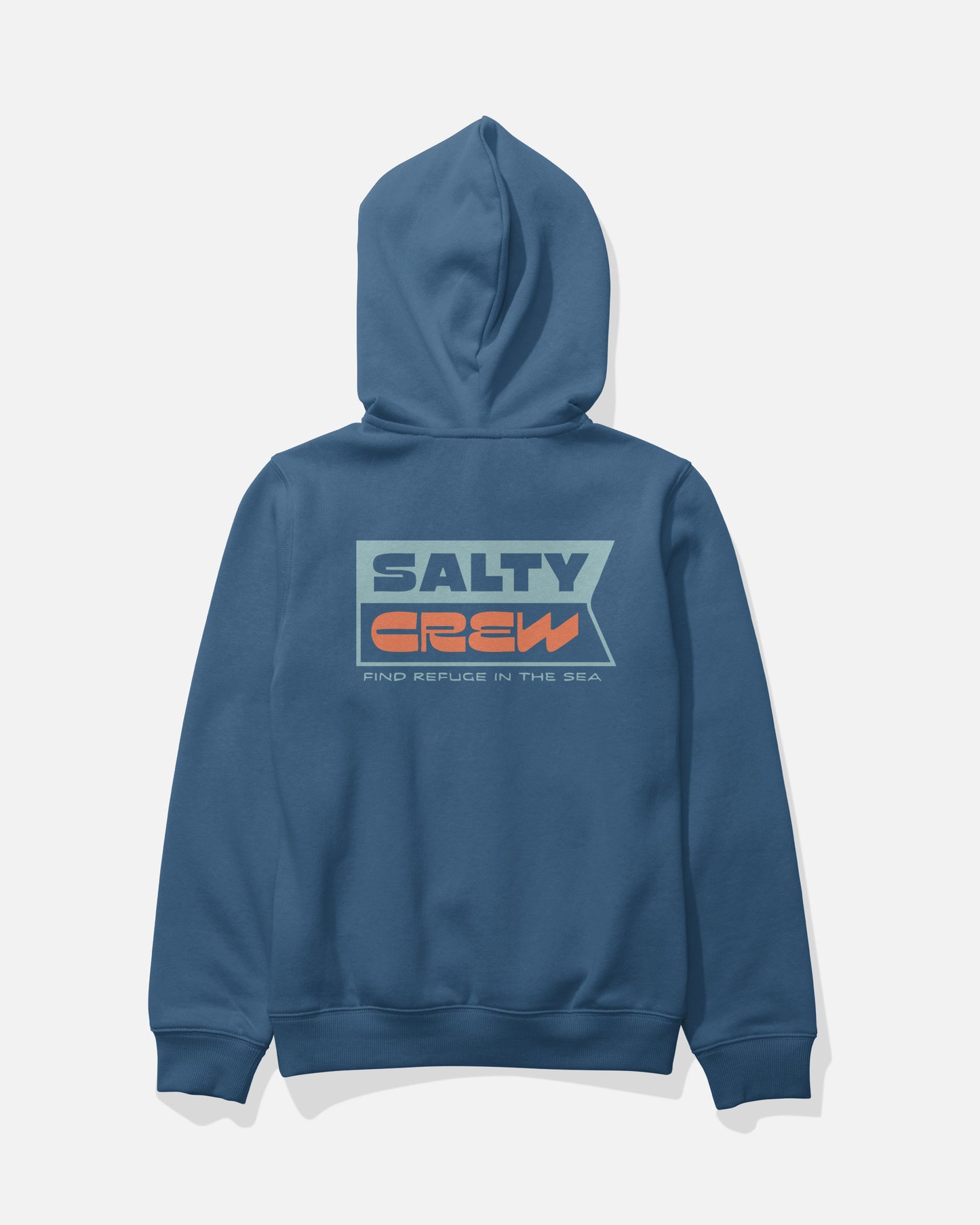 The Inverse Flag Boys Fleece in Cast Blue by Salty Crew is shown from the back, featuring a large graphic with the words “SALTY CREW” and “FIND REFUGE IN THE SEA” in blue and orange text. This mid-weight sweatshirt is a screenprinted hoodie with a hood and long sleeves.