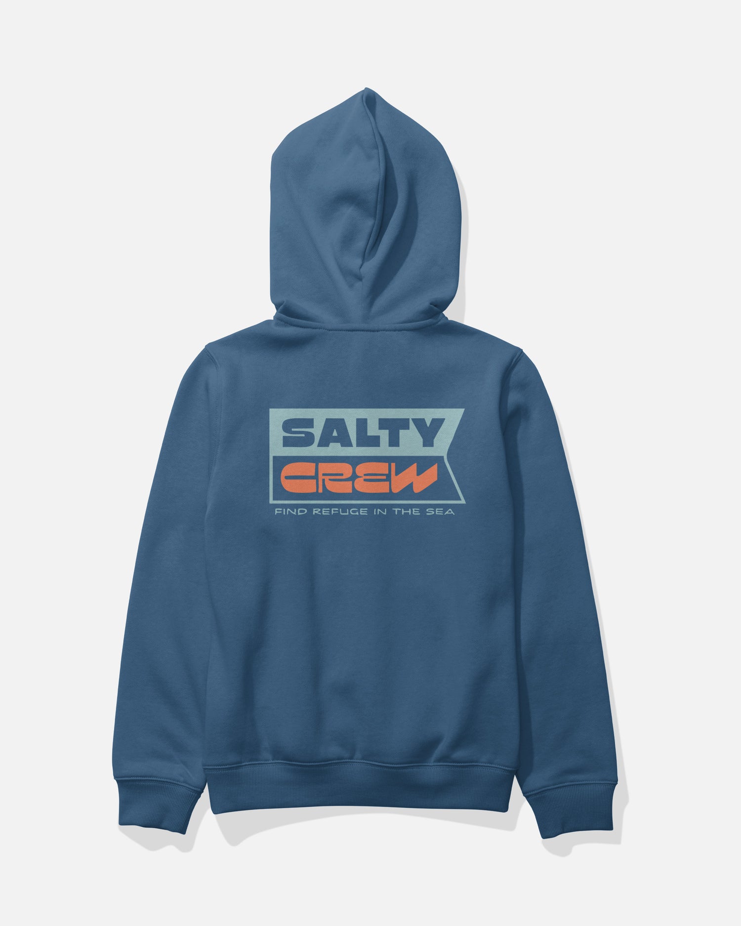 The Inverse Flag Boys Fleece in Cast Blue by Salty Crew is shown from the back, featuring a large graphic with the words “SALTY CREW” and “FIND REFUGE IN THE SEA” in blue and orange text. This mid-weight sweatshirt is a screenprinted hoodie with a hood and long sleeves.