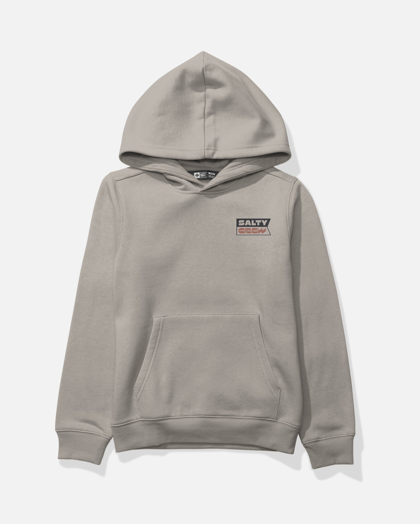 Introducing the Salty Crew Inverse Flag Boys Fleece in Stone. This mid-weight hoodie is crafted from a soft cotton-polyester blend in light gray and features long sleeves and a convenient front pocket. A small rectangular Salty Crew Inverse Flag logo, screenprinted in black, white, and red, accents the left chest. The sweatshirt is displayed laid flat on a white background.