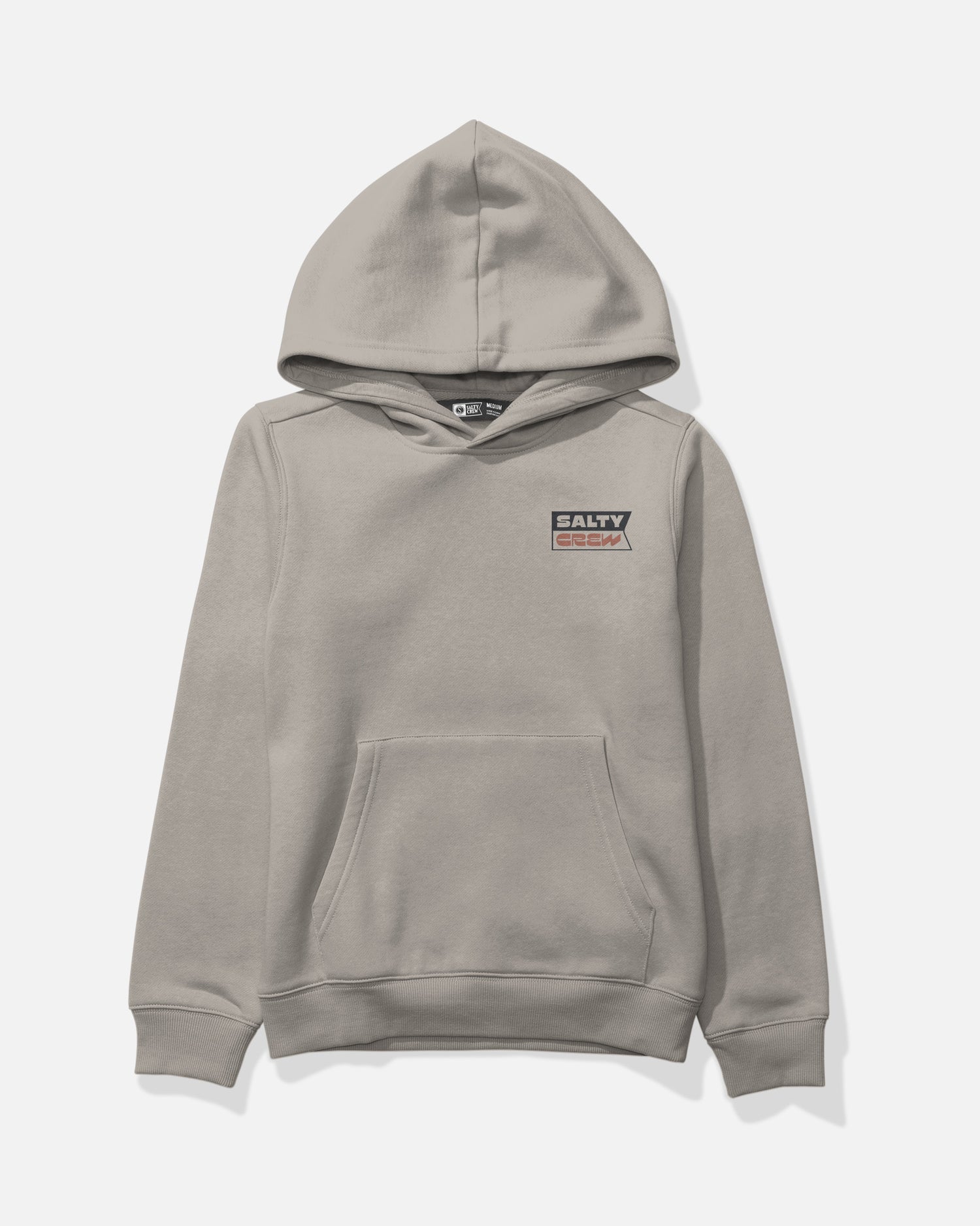 Introducing the Salty Crew Inverse Flag Boys Fleece in Stone. This mid-weight hoodie is crafted from a soft cotton-polyester blend in light gray and features long sleeves and a convenient front pocket. A small rectangular Salty Crew Inverse Flag logo, screenprinted in black, white, and red, accents the left chest. The sweatshirt is displayed laid flat on a white background.
