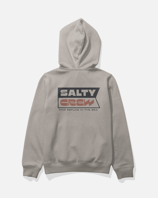 The Inverse Flag Boys Fleece - Stone by Salty Crew is a light gray mid-weight cotton-polyester hoodie featuring a front pocket and screenprinted black, red, and gray “SALTY CREW” and “FIND REFUGE IN THE SEA” graphics on the back. Displayed on a white background.