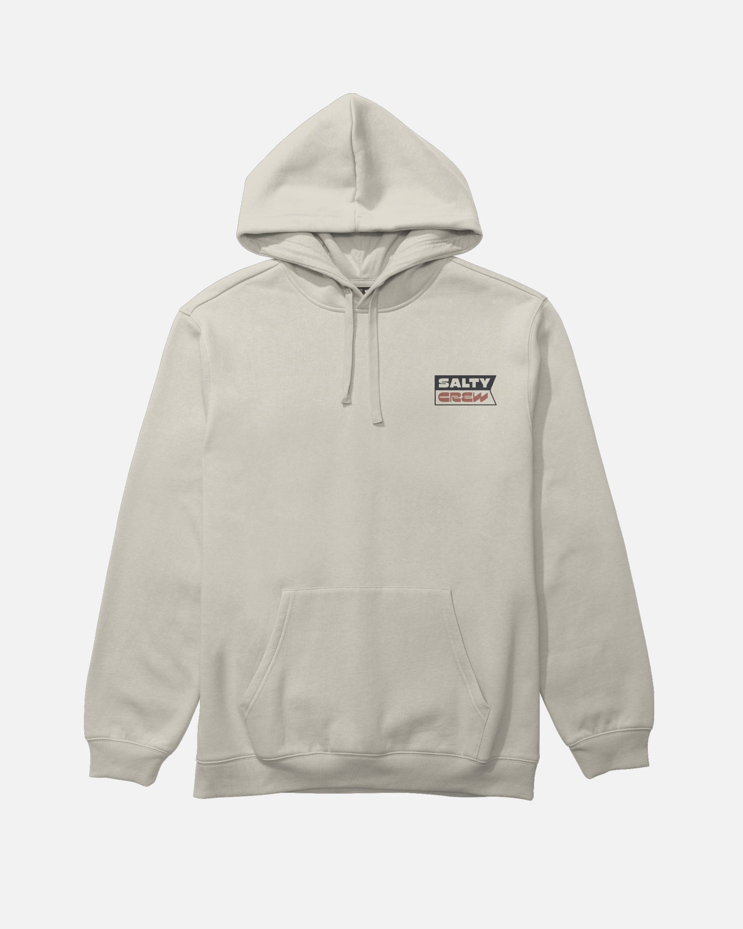 Salty Crew Inverse Flag Fleece - Bone: An off-white cotton-polyester hoodie featuring a front kangaroo pocket, adjustable drawstrings, and a small rectangular Salty Crew logo patch on the left chest.