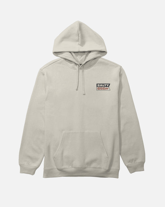 Salty Crew Inverse Flag Fleece - Bone: An off-white cotton-polyester hoodie featuring a front kangaroo pocket, adjustable drawstrings, and a small rectangular Salty Crew logo patch on the left chest.