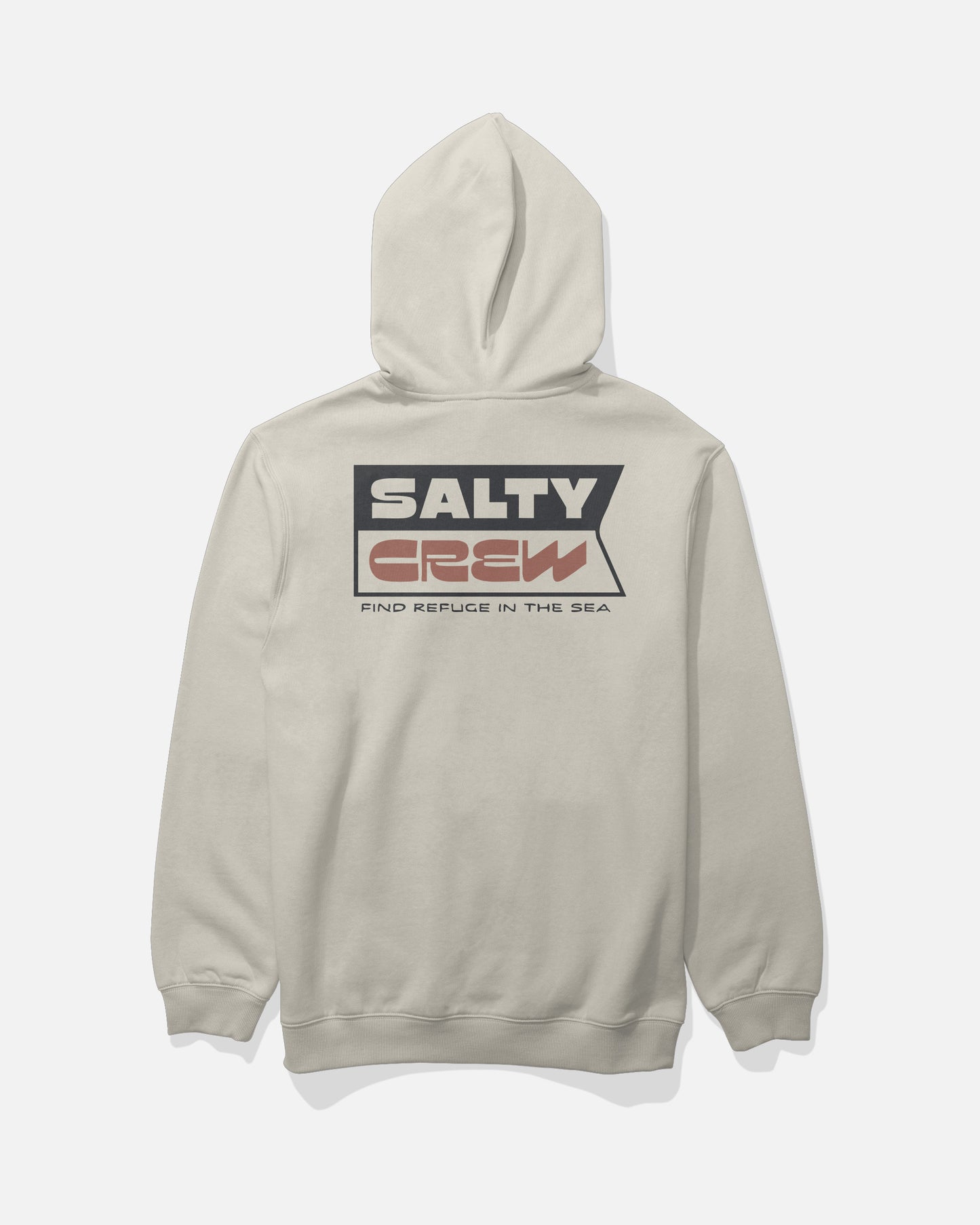 Introducing the Salty Crew Inverse Flag Fleece in Bone—a beige cotton-polyester hoodie featuring a large screen-printed “SALTY CREW” graphic on the back with “FIND REFUGE IN THE SEA” below. Designed for comfort, this hooded sweatshirt offers a classic kangaroo pocket and stylish practicality, making it perfect for everyday wear.