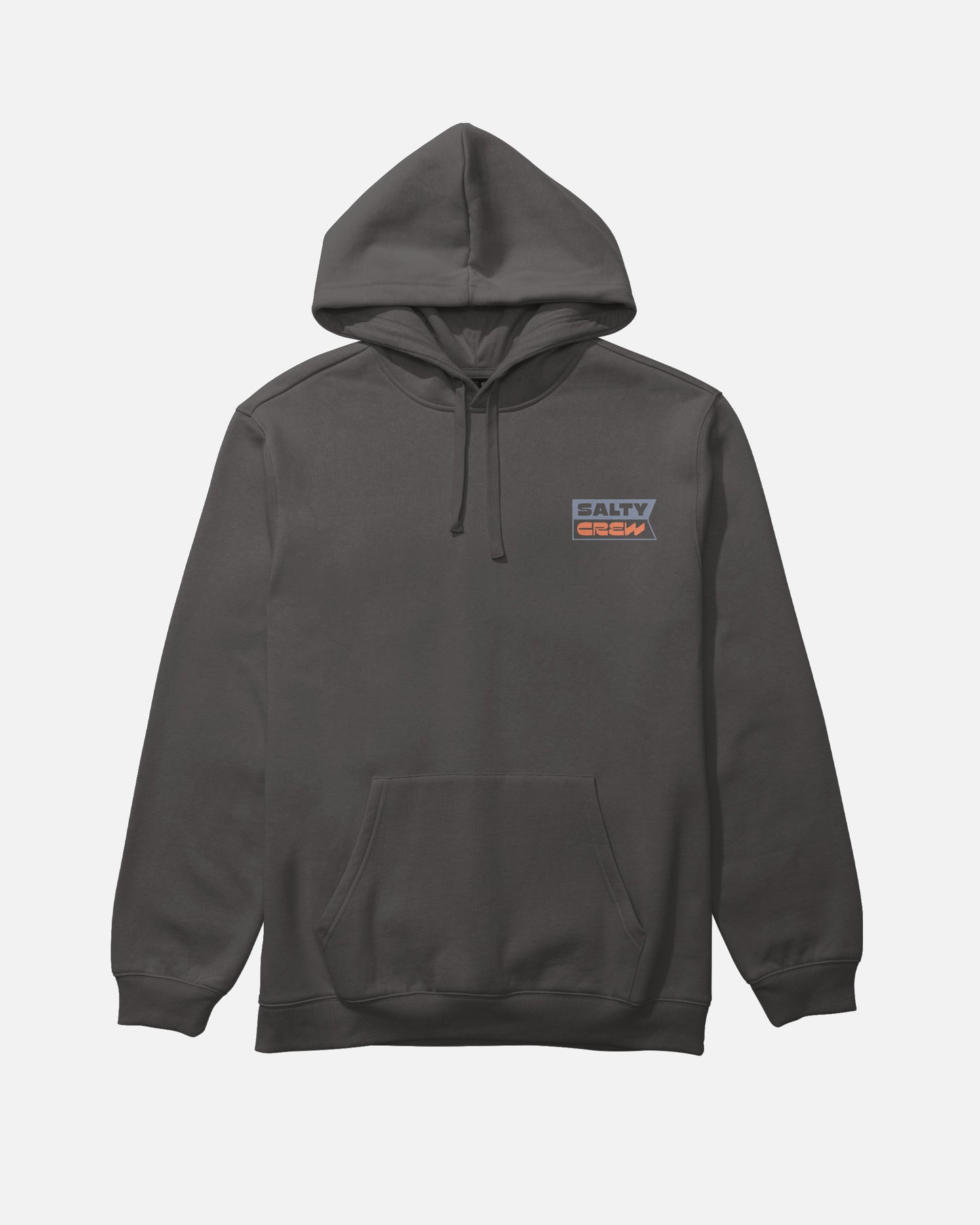 The Inverse Flag Fleece by Salty Crew in dark grey is a cotton hoodie featuring a front pocket and drawcord hood. A small rectangular Salty Crew logo in orange and white is screenprinted on the left chest for lasting style. The hoodie is shown laid flat on a white background.