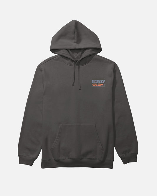 The Inverse Flag Fleece by Salty Crew in dark grey is a cotton hoodie featuring a front pocket and drawcord hood. A small rectangular Salty Crew logo in orange and white is screenprinted on the left chest for lasting style. The hoodie is shown laid flat on a white background.