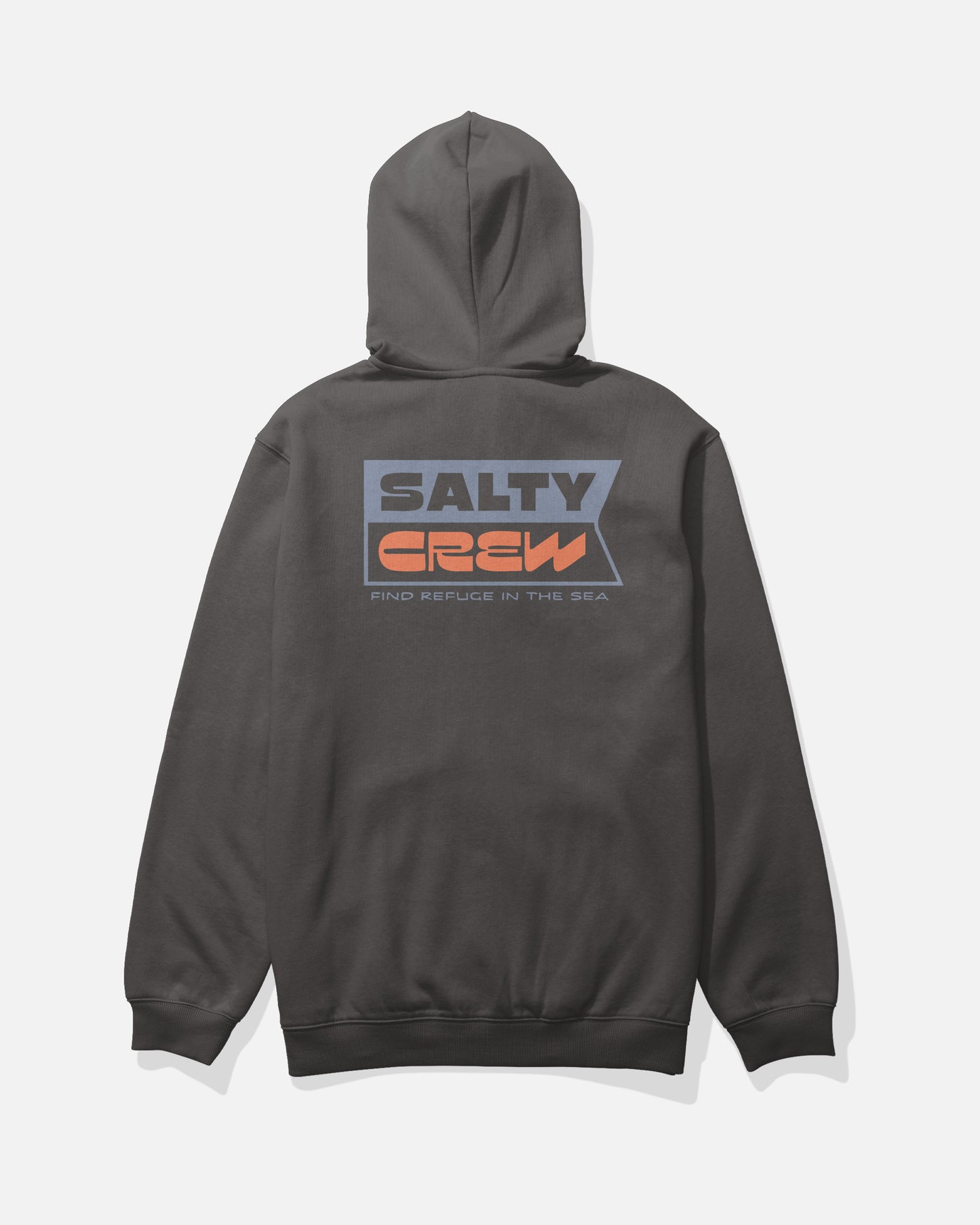 Introducing the Salty Crew Inverse Flag Fleece in dark grey—a cotton hoodie featuring bold blue, gray, and orange screenprinted “SALTY CREW” logo and “FIND REFUGE IN THE SEA” text on the back. This clean-cut design includes a front hood with no visible drawcords for a streamlined look.