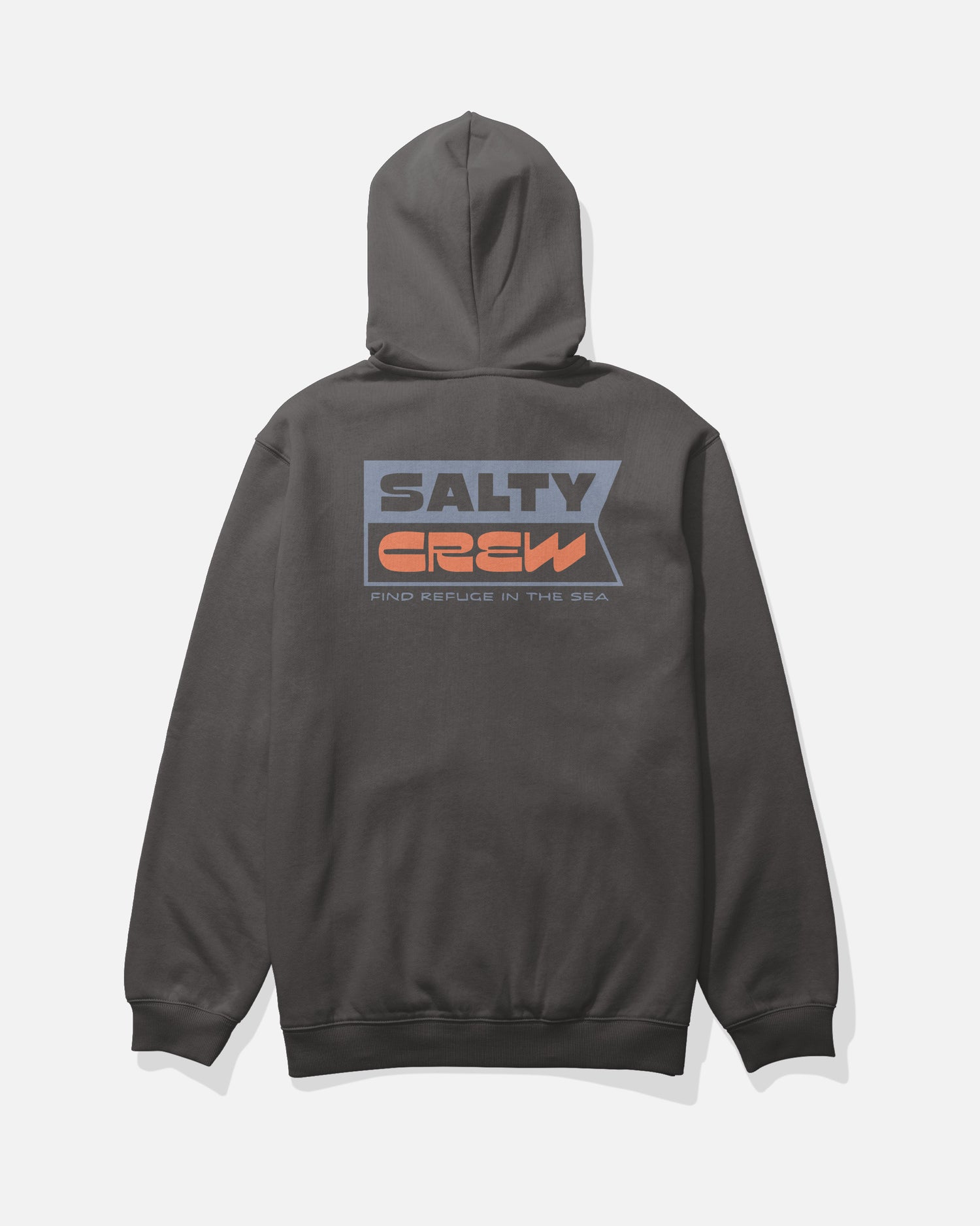 Introducing the Salty Crew Inverse Flag Fleece in dark grey—a cotton hoodie featuring bold blue, gray, and orange screenprinted “SALTY CREW” logo and “FIND REFUGE IN THE SEA” text on the back. This clean-cut design includes a front hood with no visible drawcords for a streamlined look.