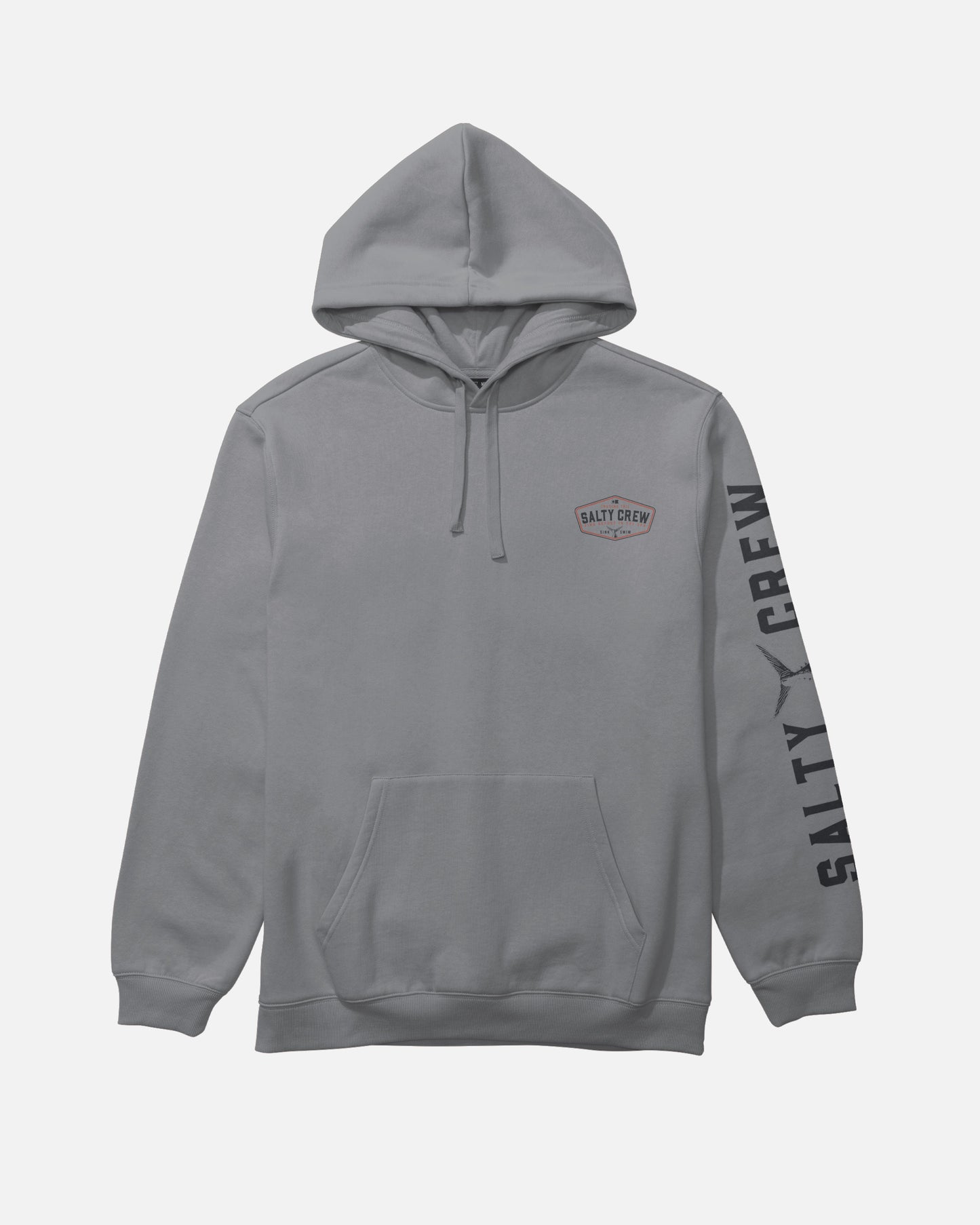 Salty Crew Tailfin Fleece - Shark Skin hoodie in gray cotton polyester, featuring a front kangaroo pocket, hood with drawstrings, Salty Crew logo on the left chest, and large Salty Crew text screenprinted down the right sleeve. Displayed laid flat on a white background.