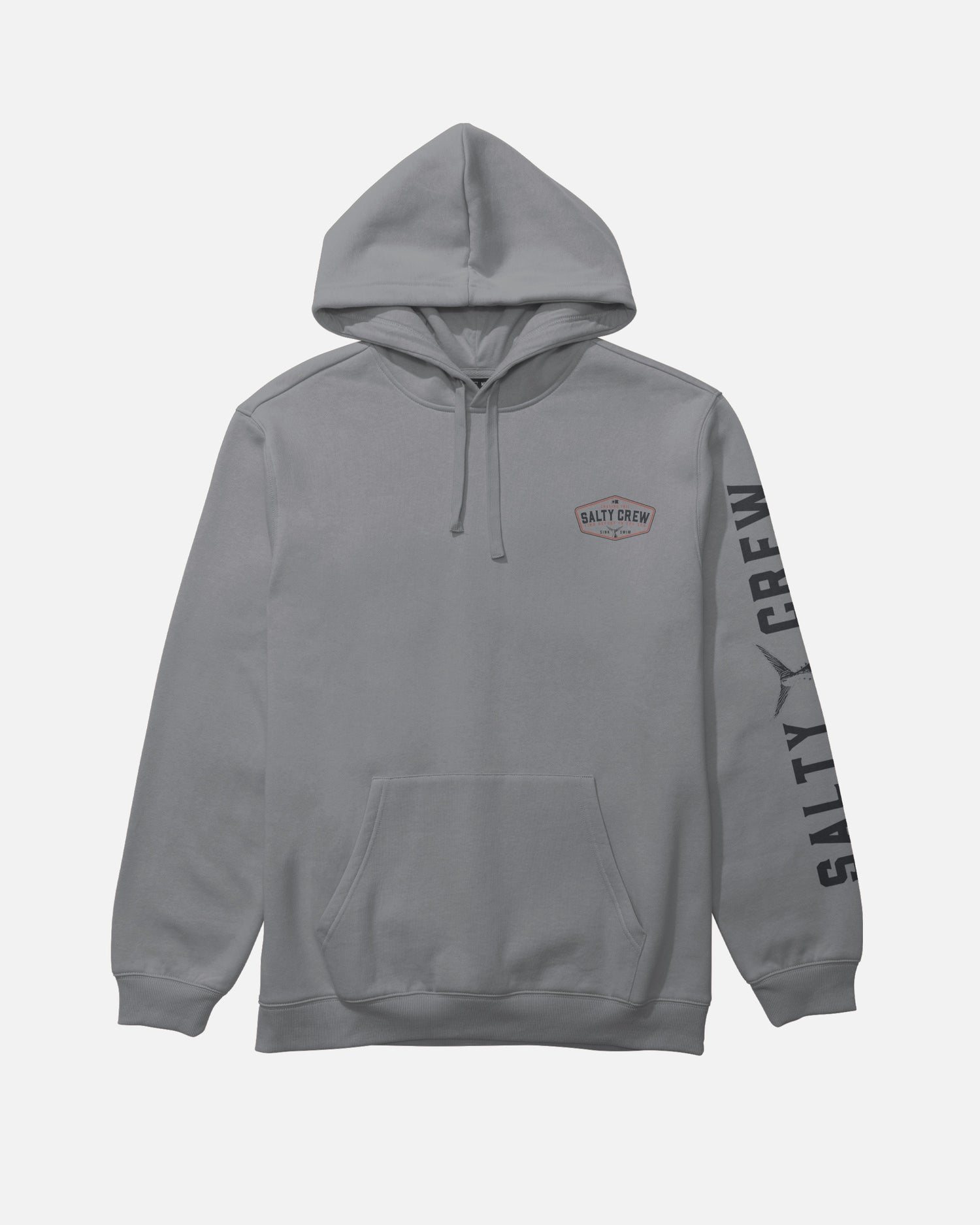 Salty Crew Tailfin Fleece - Shark Skin hoodie in gray cotton polyester, featuring a front kangaroo pocket, hood with drawstrings, Salty Crew logo on the left chest, and large Salty Crew text screenprinted down the right sleeve. Displayed laid flat on a white background.