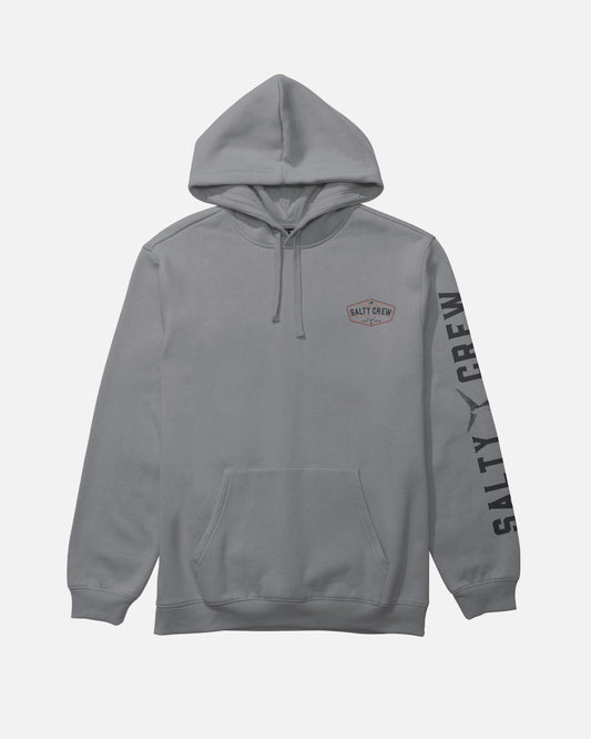 Salty Crew Tailfin Fleece - Shark Skin hoodie in gray cotton polyester, featuring a front kangaroo pocket, hood with drawstrings, Salty Crew logo on the left chest, and large Salty Crew text screenprinted down the right sleeve. Displayed laid flat on a white background.