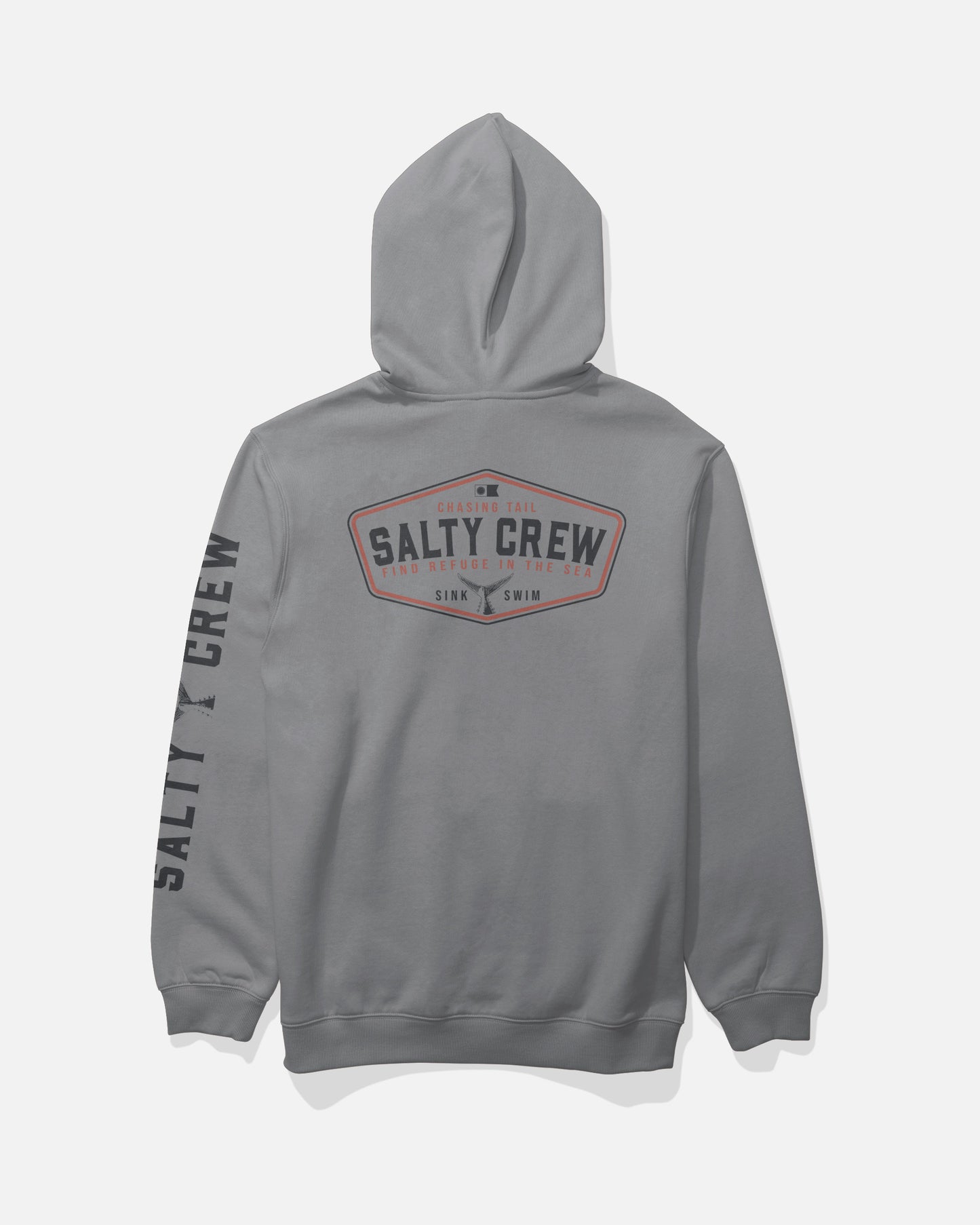 The Salty Crew Tailfin Fleece - Shark Skin is a gray cotton polyester hoodie with bold Salty Crew branding screenprinted in large letters on the back and sleeve, along with “Sink or Swim” text inside a distinctive badge-shaped design. This comfortable hoodie also features a classic kangaroo pocket for added functionality.