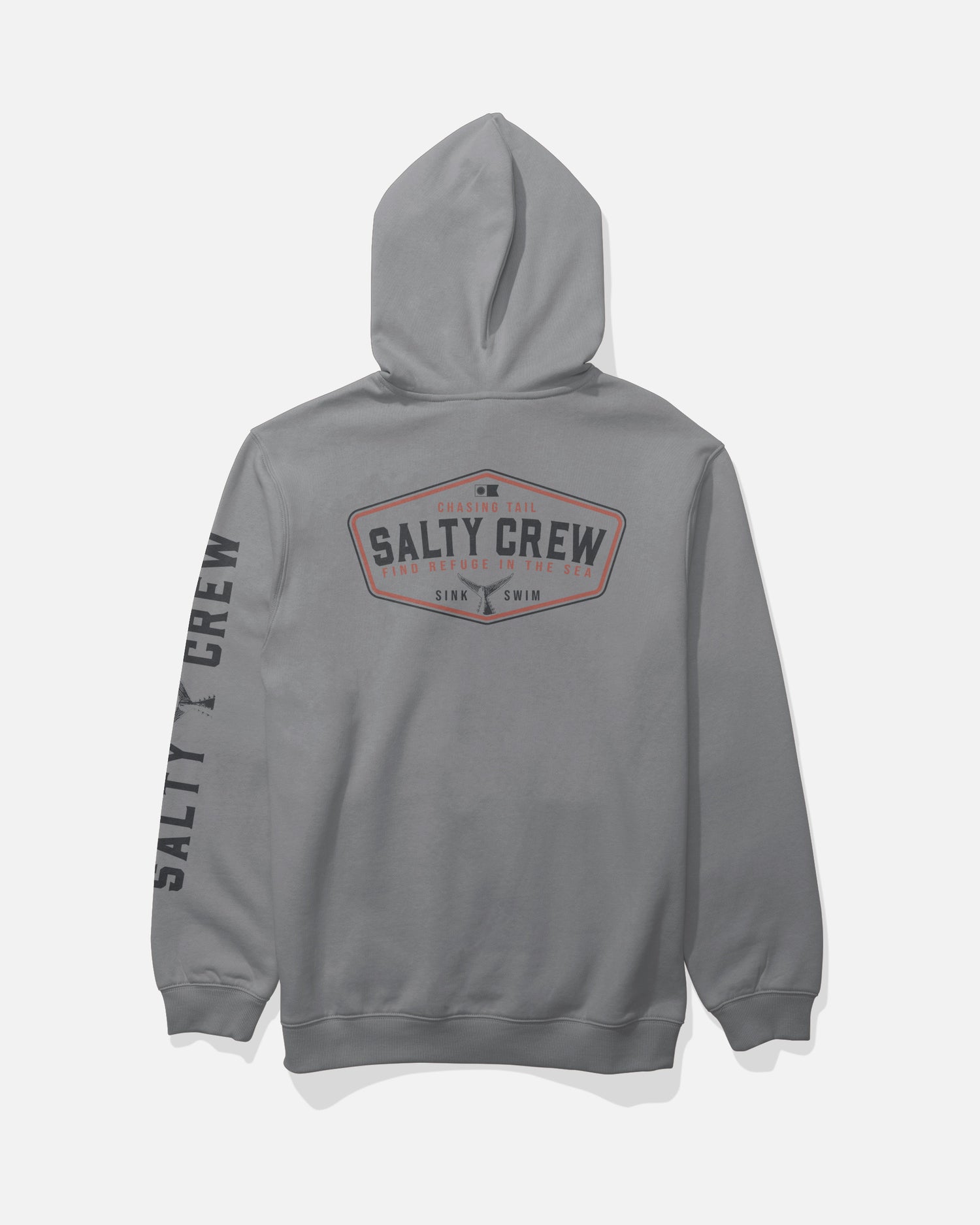 The Salty Crew Tailfin Fleece - Shark Skin is a gray cotton polyester hoodie with bold Salty Crew branding screenprinted in large letters on the back and sleeve, along with “Sink or Swim” text inside a distinctive badge-shaped design. This comfortable hoodie also features a classic kangaroo pocket for added functionality.
