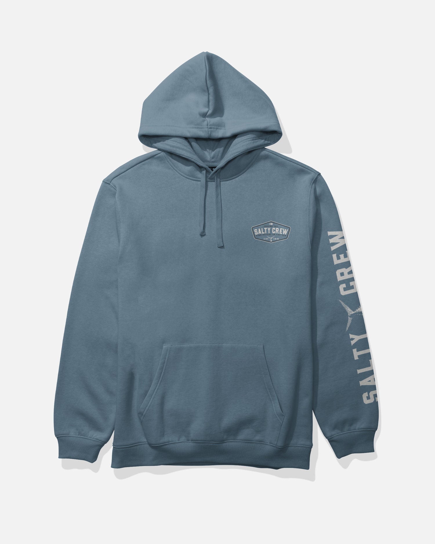 A slate blue mid-weight Tailfin Fleece hoodie by Salty Crew, featuring a front pocket, the Salty Crew logo on the chest, and “Salty Crew” screenprinted down the right sleeve. Crafted from a cotton-polyester blend, this hoodie offers both comfort and style for everyday wear.