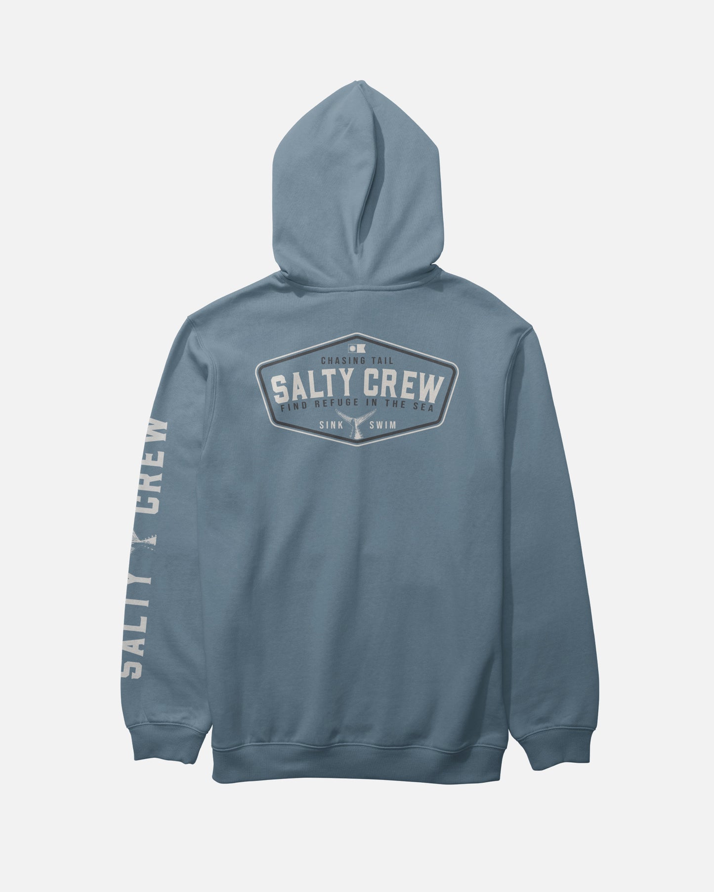 Here’s the rewritten sentence using your product data: The Salty Crew Tailfin Fleece in Slate is a mid-weight cotton-polyester hoodie featuring SALTY CREW printed in white on the back and sleeve, along with a logo and the phrase “FIND REFUGE IN THE SEA SINK OR SWIM.” It includes a hood, long sleeves, and a comfortable screenprinted finish.