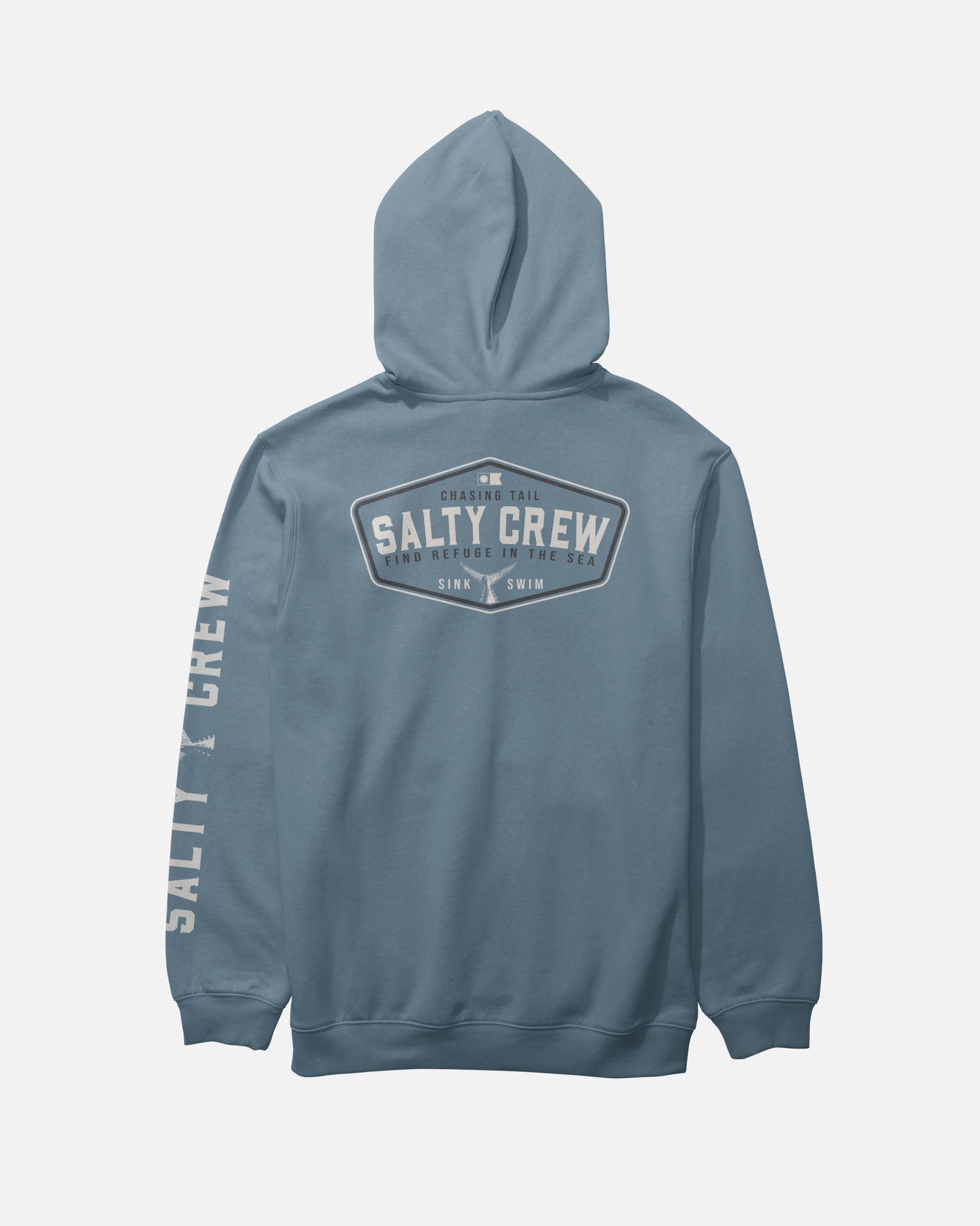 Here’s the rewritten sentence using your product data: The Salty Crew Tailfin Fleece in Slate is a mid-weight cotton-polyester hoodie featuring SALTY CREW printed in white on the back and sleeve, along with a logo and the phrase “FIND REFUGE IN THE SEA SINK OR SWIM.” It includes a hood, long sleeves, and a comfortable screenprinted finish.