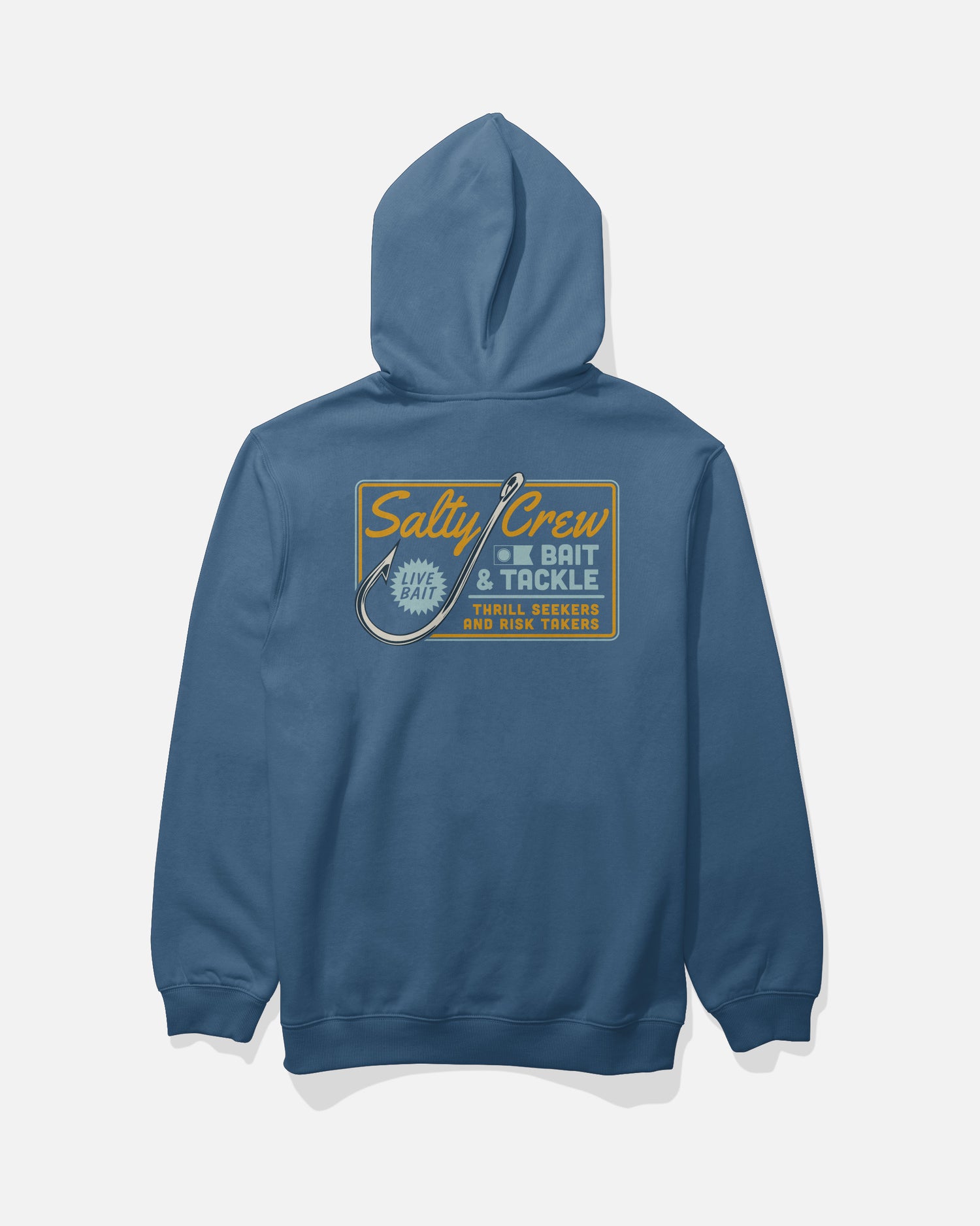 The Salty Crew Hooked Up Fleece in Cast Blue is a mid-weight hoodie crafted from a comfortable cotton-polyester blend. It features a graphic on the back with yellow text reading “Salty Crew Bait & Tackle,” a fishing hook, and a green “Live Bait” label. This hoodie also includes a classic kangaroo pocket for added convenience.