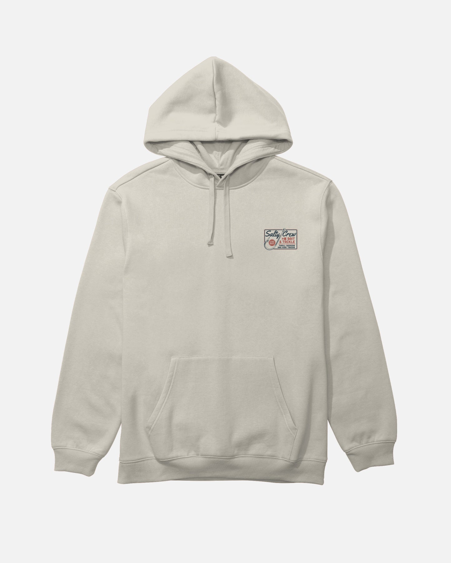 Introducing the Salty Crew Hooked Up Fleece in Bone—a light beige cotton-polyester hoodie featuring a drawcord hood and classic kangaroo pocket. The upper left chest is detailed with a small graphic of two faces outlined in red and black, accompanied by stylized text for a subtle yet stylish accent.