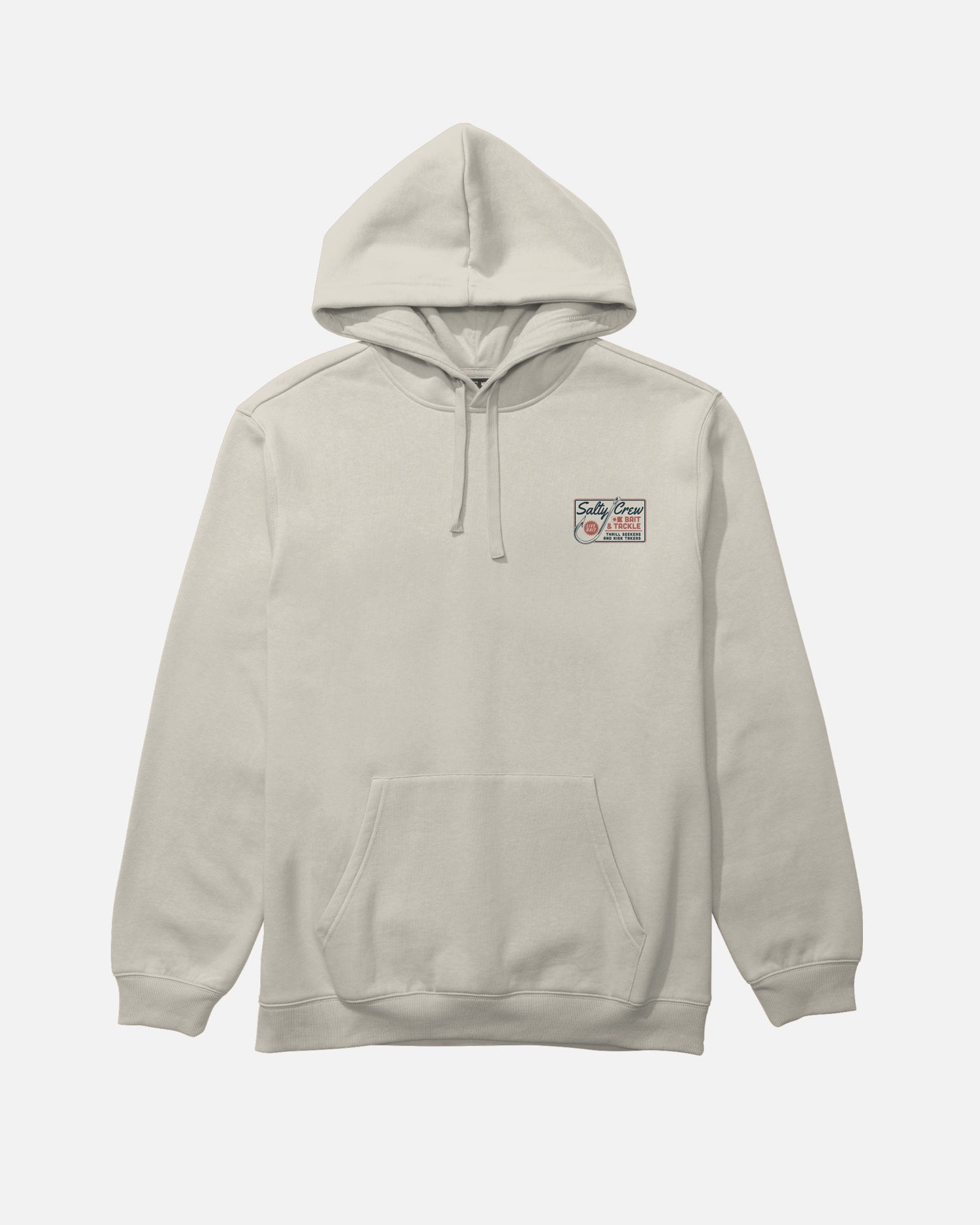 Introducing the Salty Crew Hooked Up Fleece in Bone—a light beige cotton-polyester hoodie featuring a drawcord hood and classic kangaroo pocket. The upper left chest is detailed with a small graphic of two faces outlined in red and black, accompanied by stylized text for a subtle yet stylish accent.