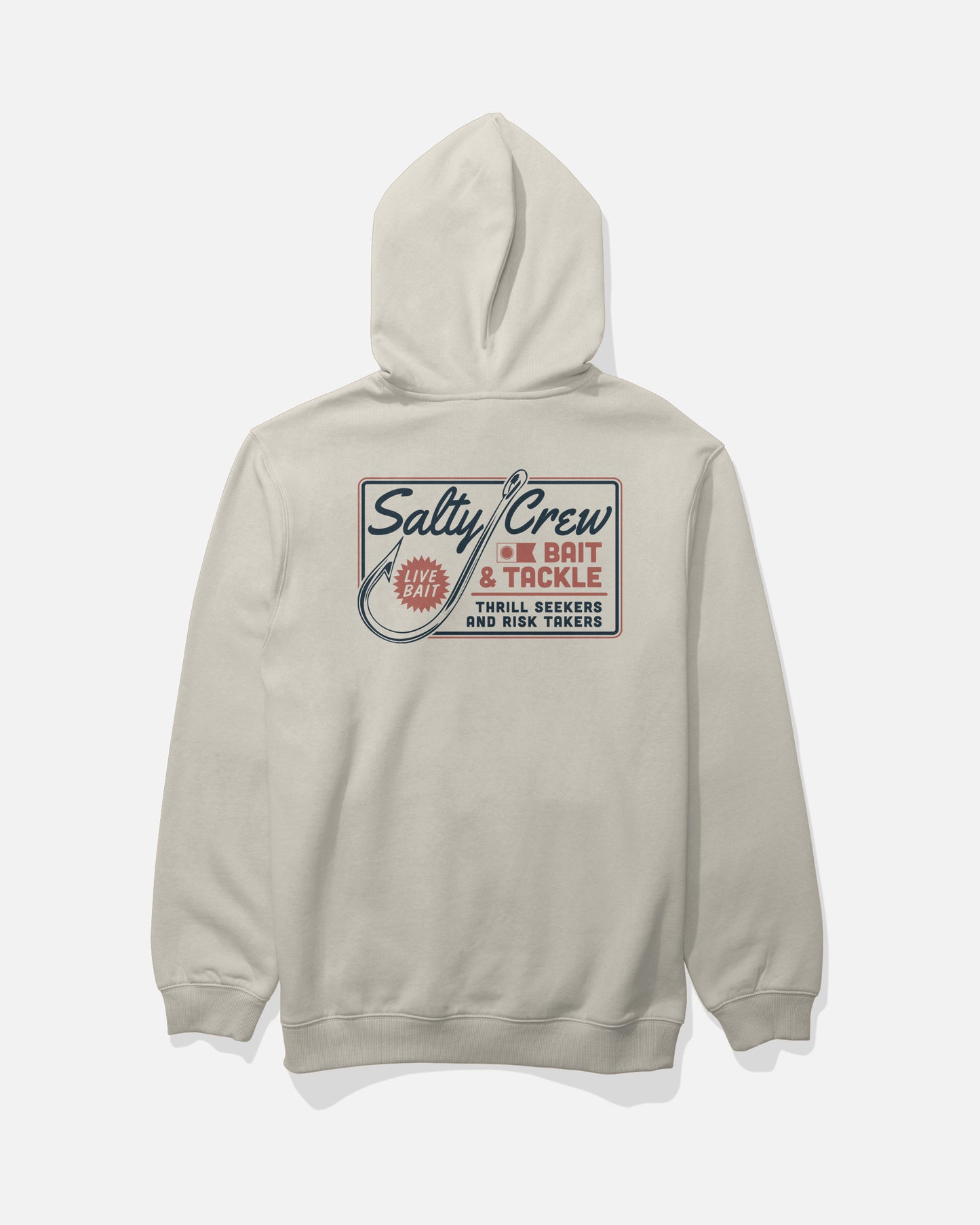 The Salty Crew Hooked Up Fleece - Bone is a beige cotton-polyester hoodie featuring a back graphic with “Salty Crew Bait & Tackle” and “Thrill Seekers and Risk Takers” in blue and red lettering, along with a hook design and a small Live Bait circle. It’s finished with a drawcord hood and classic kangaroo pocket for comfort.