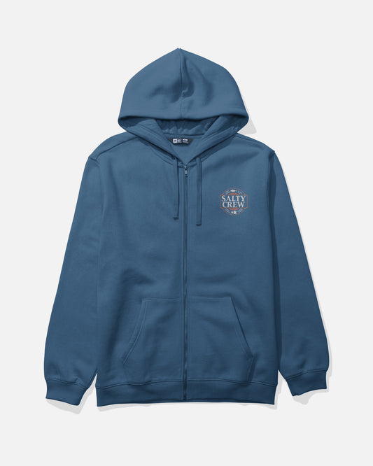 Introducing the Salty Crew Split Up Zip Fleece in Cast Blue—a mid-weight zip hoodie featuring front pockets, a drawstring hood, and a subtle Salty Crew logo screenprinted on the left chest. Crafted from a comfortable and durable cotton polyester blend, this hoodie is displayed laid flat against a white background.