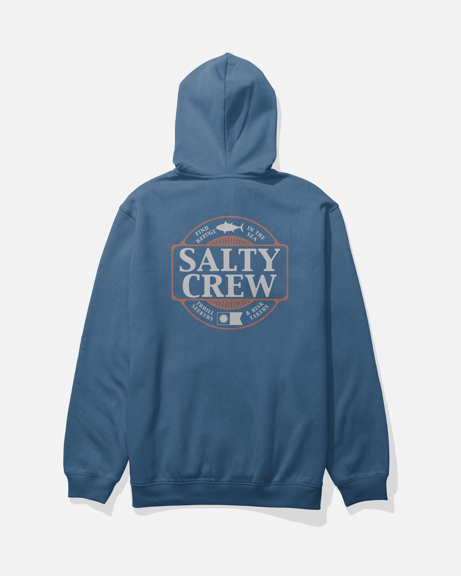 Introducing the Salty Crew Split Up Zip Fleece in Cast Blue—a mid-weight zip hoodie with a hood, crafted from a comfortable cotton-polyester blend. This hoodie features large Salty Crew logo and fish graphics screenprinted on the back, making it perfect for everyday wear.