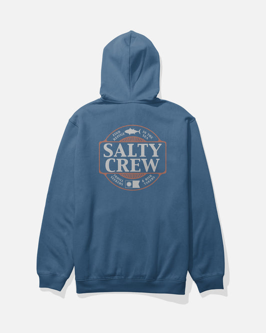 Introducing the Salty Crew Split Up Zip Fleece in Cast Blue—a mid-weight zip hoodie with a hood, crafted from a comfortable cotton-polyester blend. This hoodie features large Salty Crew logo and fish graphics screenprinted on the back, making it perfect for everyday wear.