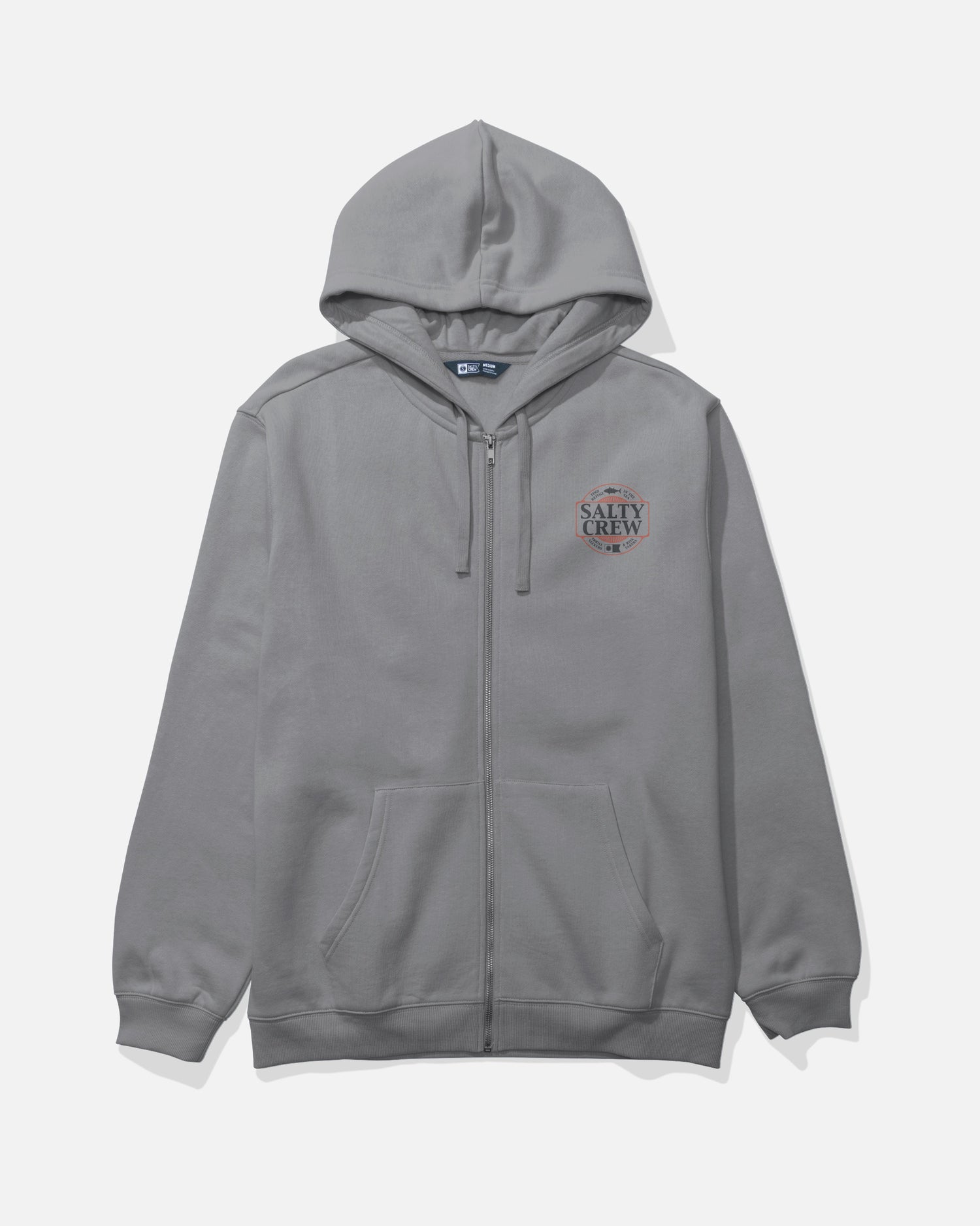 The Salty Crew Split Up Zip Fleece in Shark Skin is a gray midweight cotton-polyester hoodie featuring a drawcord hood, front pockets, and a small Salty Crew logo on the left chest. The sweatshirt is shown laid flat on a white background.