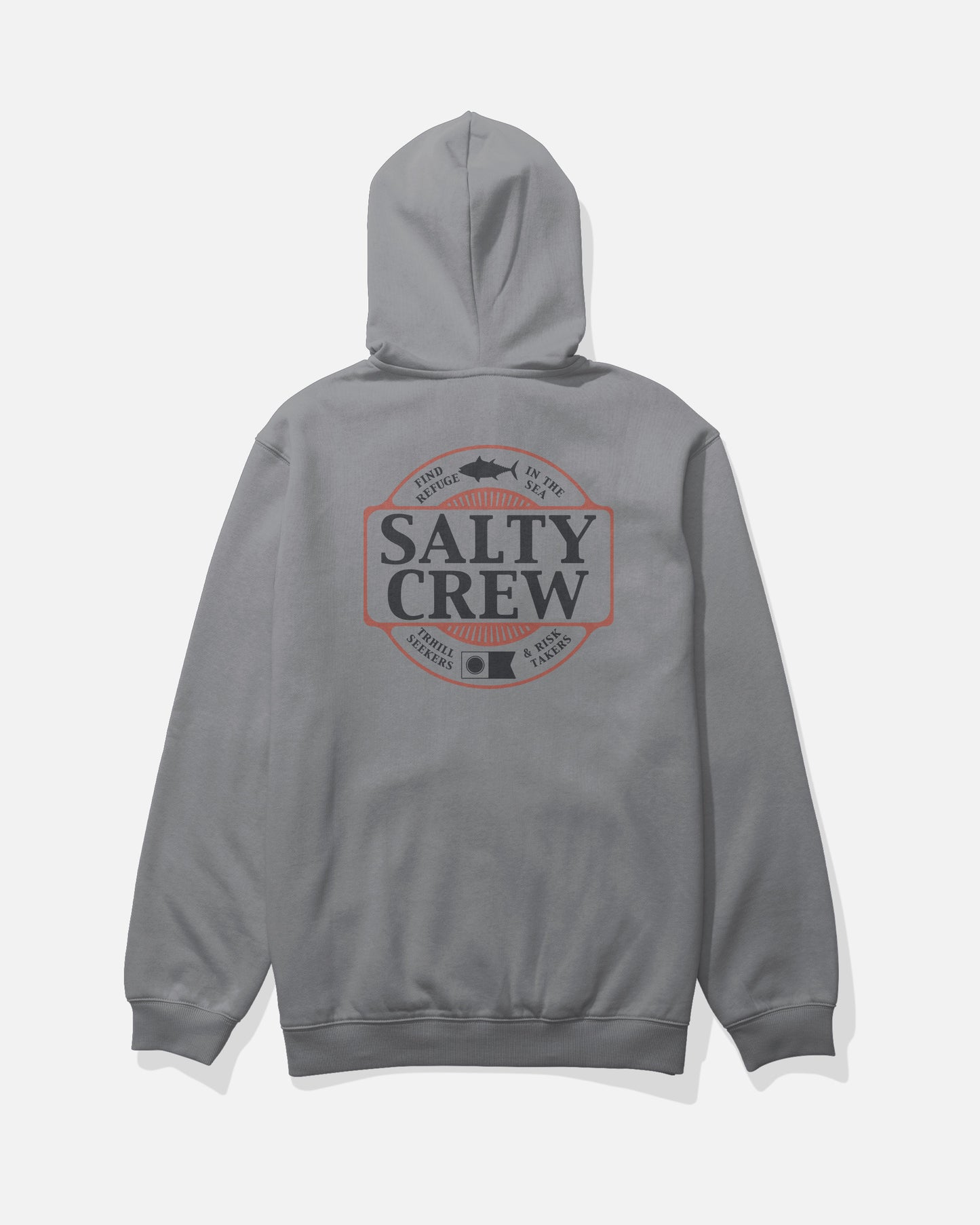 The Split Up Zip Fleece - Shark Skin by Salty Crew is a gray cotton-polyester hoodie, featuring a comfortable drawcord hood and midweight construction. The back displays a large Salty Crew logo with a fish graphic, along with the bold phrases “Find Refuge in the Sea” and “Thrill Seekers & Risk Takers” in a striking circular black and red design.