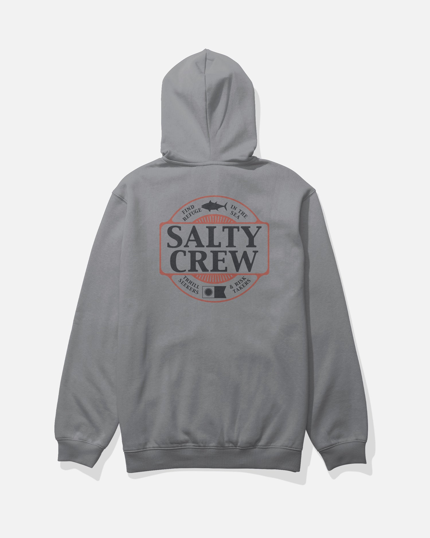 The Split Up Zip Fleece - Shark Skin by Salty Crew is a gray cotton-polyester hoodie, featuring a comfortable drawcord hood and midweight construction. The back displays a large Salty Crew logo with a fish graphic, along with the bold phrases “Find Refuge in the Sea” and “Thrill Seekers & Risk Takers” in a striking circular black and red design.