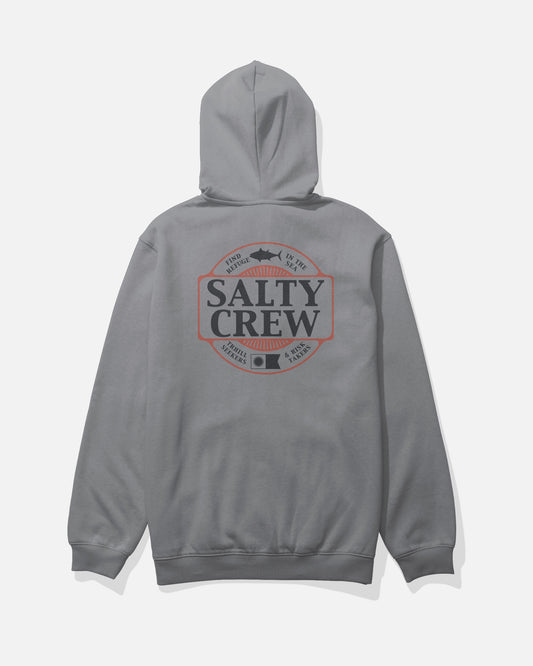The Split Up Zip Fleece - Shark Skin by Salty Crew is a gray cotton-polyester hoodie, featuring a comfortable drawcord hood and midweight construction. The back displays a large Salty Crew logo with a fish graphic, along with the bold phrases “Find Refuge in the Sea” and “Thrill Seekers & Risk Takers” in a striking circular black and red design.