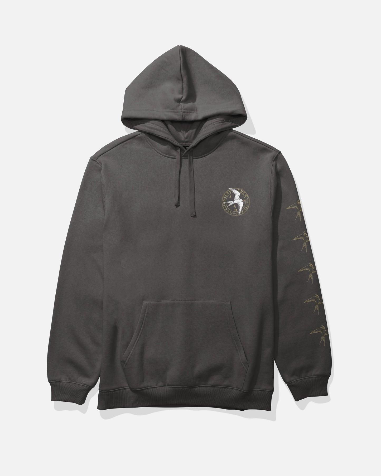 Introducing the Salty Crew Tern Fleece - Dark Grey: a mid-weight cotton polyester hoodie designed for everyday comfort and style. It features a front pocket, a small circular Salty Crew logo on the left chest, and a striking row of gold bird graphics screenprinted along the right sleeve.