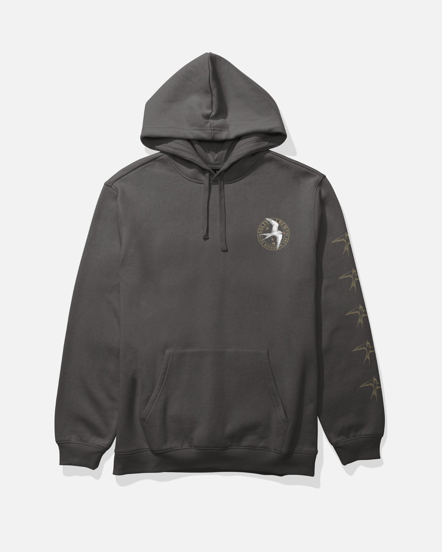 Introducing the Salty Crew Tern Fleece - Dark Grey: a mid-weight cotton polyester hoodie designed for everyday comfort and style. It features a front pocket, a small circular Salty Crew logo on the left chest, and a striking row of gold bird graphics screenprinted along the right sleeve.