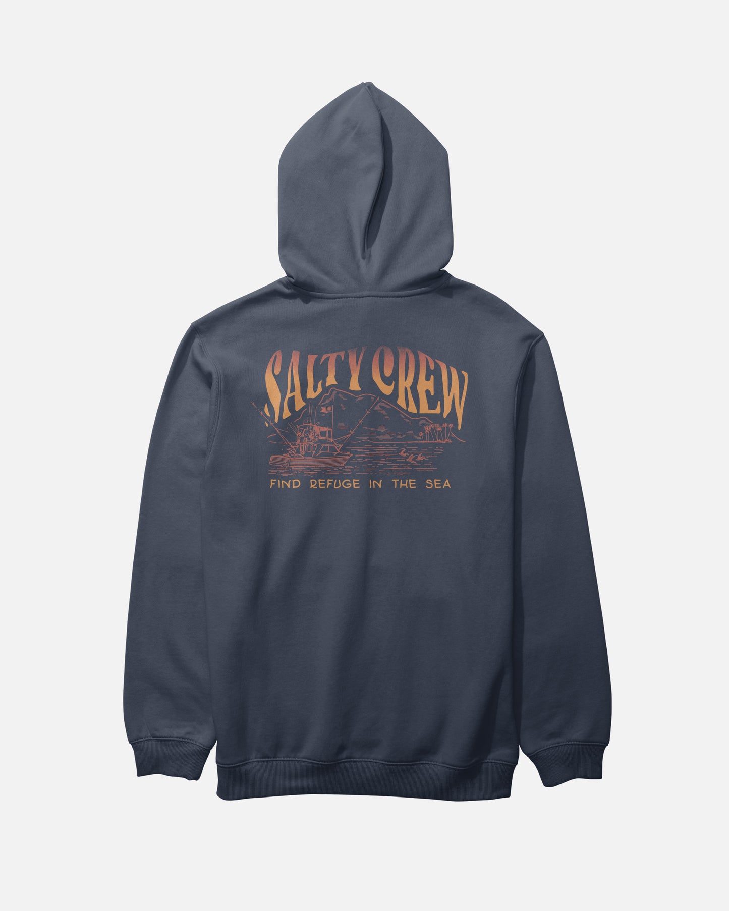 The Salty Crew Island Fleece - Navy is a cotton-polyester hoodie featuring “Salty Crew” and “Find Refuge in the Sea” screenprinted in tan on the back, along with a boat and wave graphic. It also includes a cozy kangaroo pocket for added comfort.