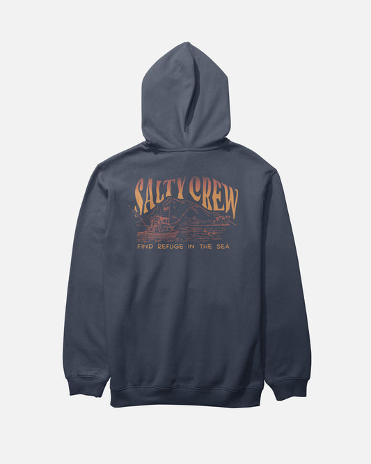 The Salty Crew Island Fleece - Navy is a cotton-polyester hoodie featuring “Salty Crew” and “Find Refuge in the Sea” screenprinted in tan on the back, along with a boat and wave graphic. It also includes a cozy kangaroo pocket for added comfort.