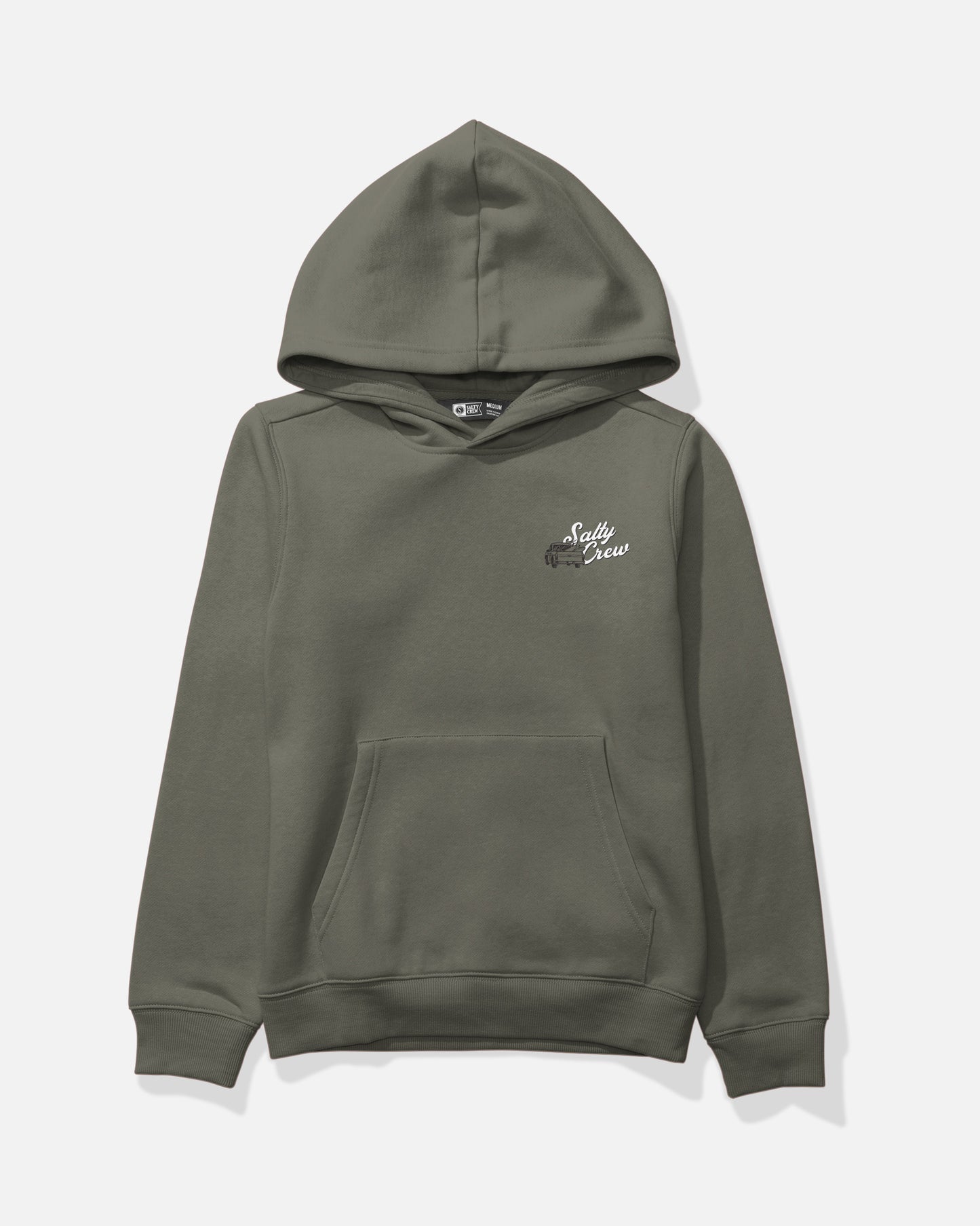 Laurel Wreath green Truck Bed Boys Fleece hoodie by Salty Crew featuring a classic kangaroo pocket and small white Salty Crew graphic on the left chest. This mid-weight cotton-polyester sweatshirt is displayed on a plain white background.