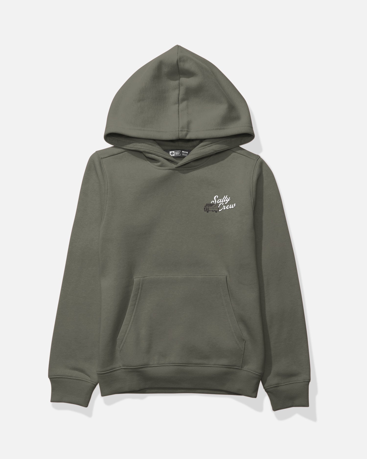 Laurel Wreath green Truck Bed Boys Fleece hoodie by Salty Crew featuring a classic kangaroo pocket and small white Salty Crew graphic on the left chest. This mid-weight cotton-polyester sweatshirt is displayed on a plain white background.