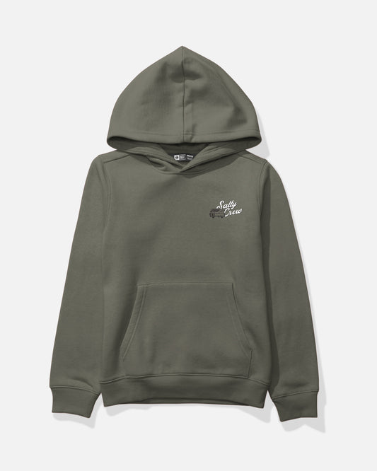Laurel Wreath green Truck Bed Boys Fleece hoodie by Salty Crew featuring a classic kangaroo pocket and small white Salty Crew graphic on the left chest. This mid-weight cotton-polyester sweatshirt is displayed on a plain white background.