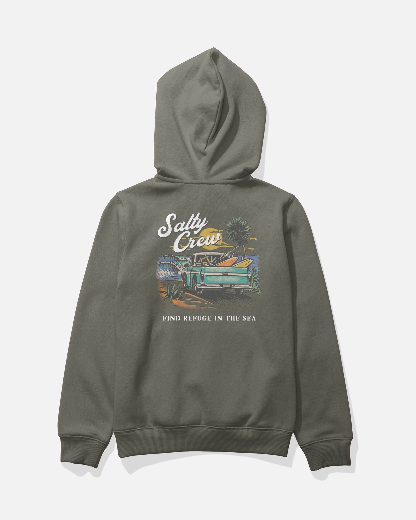 Introducing the Salty Crew Truck Bed Boys Fleece - Laurel Wreath: a green, mid-weight cotton-polyester hoodie adorned with Salty Crew branding and an illustration of a truck, surfboards, palm trees, and the statement “Find Refuge In The Sea” on the back. This comfortable hoodie also features a classic kangaroo pocket for added style and functionality.